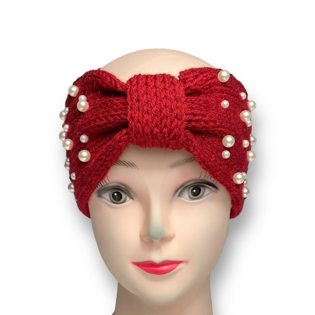 Women's Winter Knitted Ear Warmer Headband with Faux Pearl Beads – Red