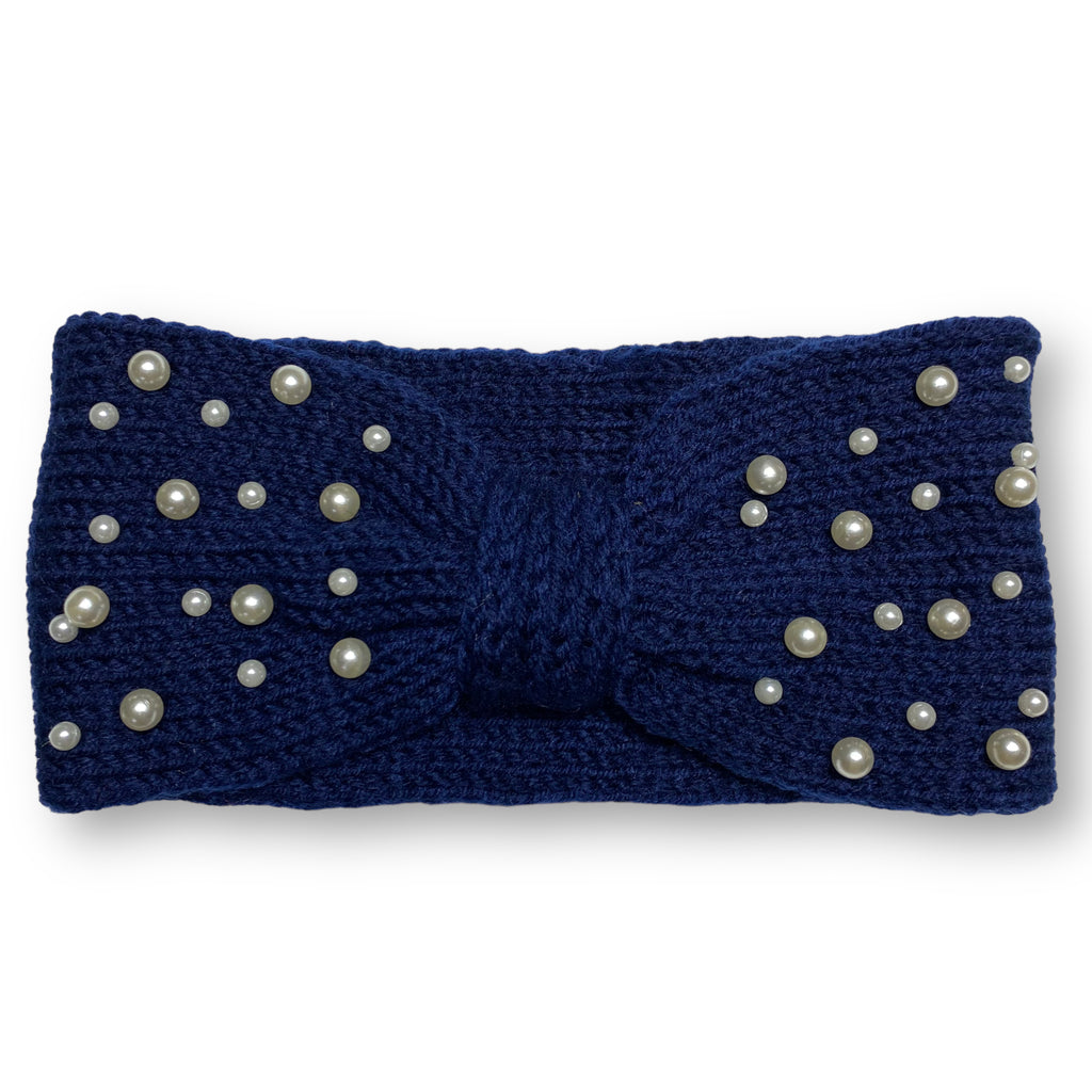 Women's Winter Knitted Ear Warmer Headband with Pearl Beads – Navy