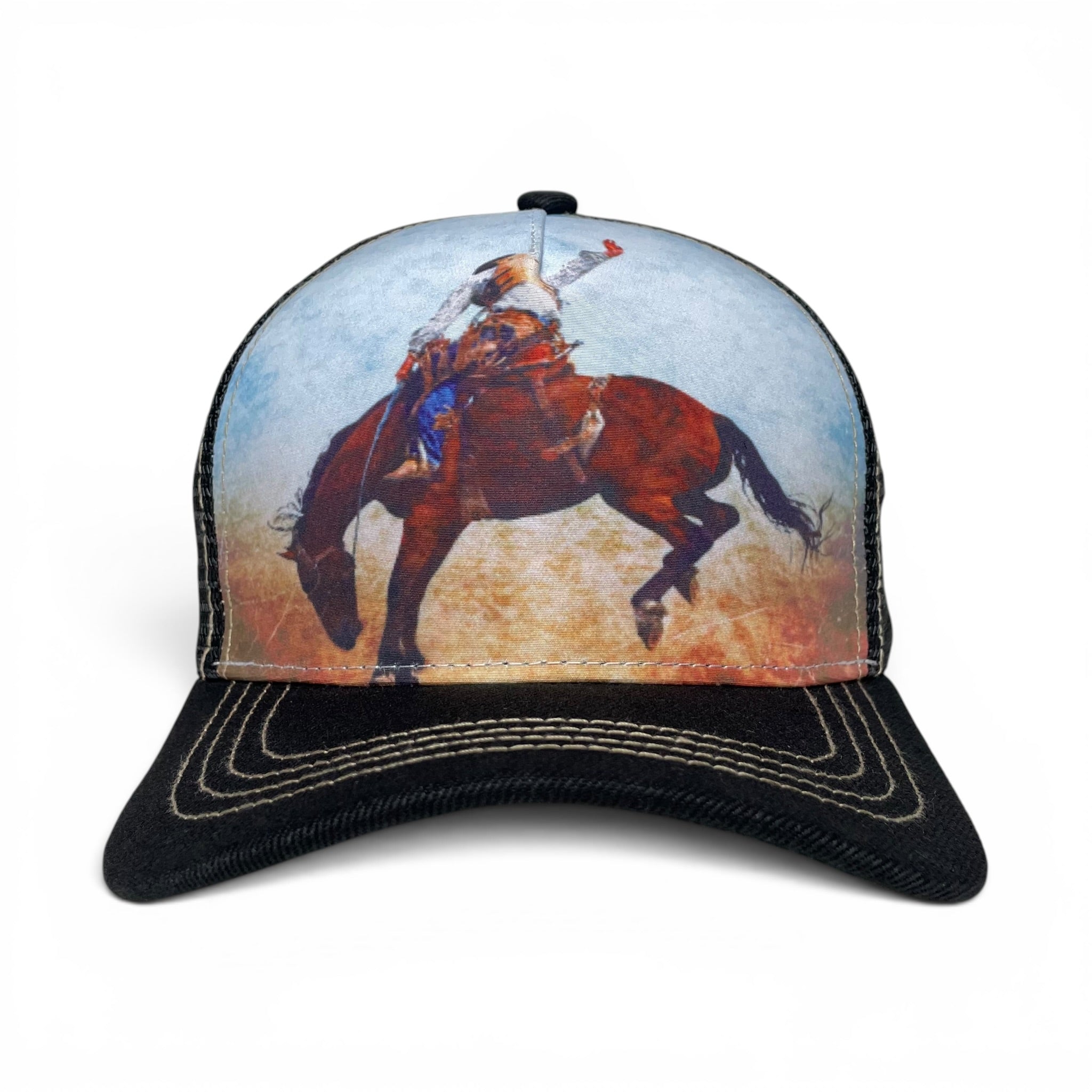 Cowboy Taming Bronco Adjustable Trucker Hat - Western Style Cap for Men and Women