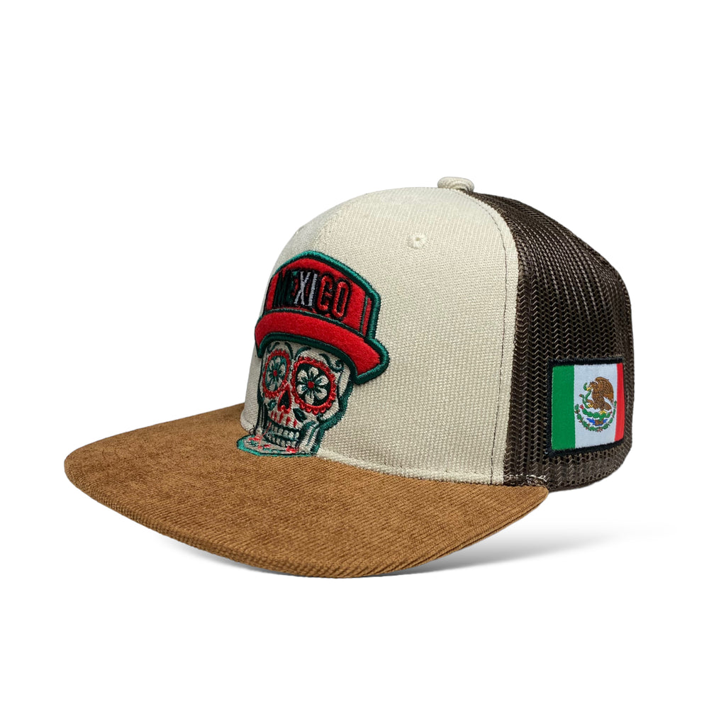 Traditional Mexican Skull Embroidered Flat Brim Corduroy Snapback Cap