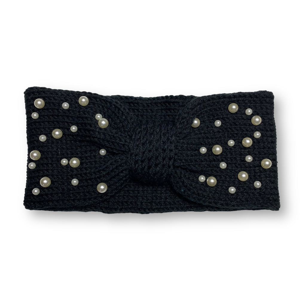 Women's Winter Knitted Ear Warmer Headband with Pearl Beads – Black