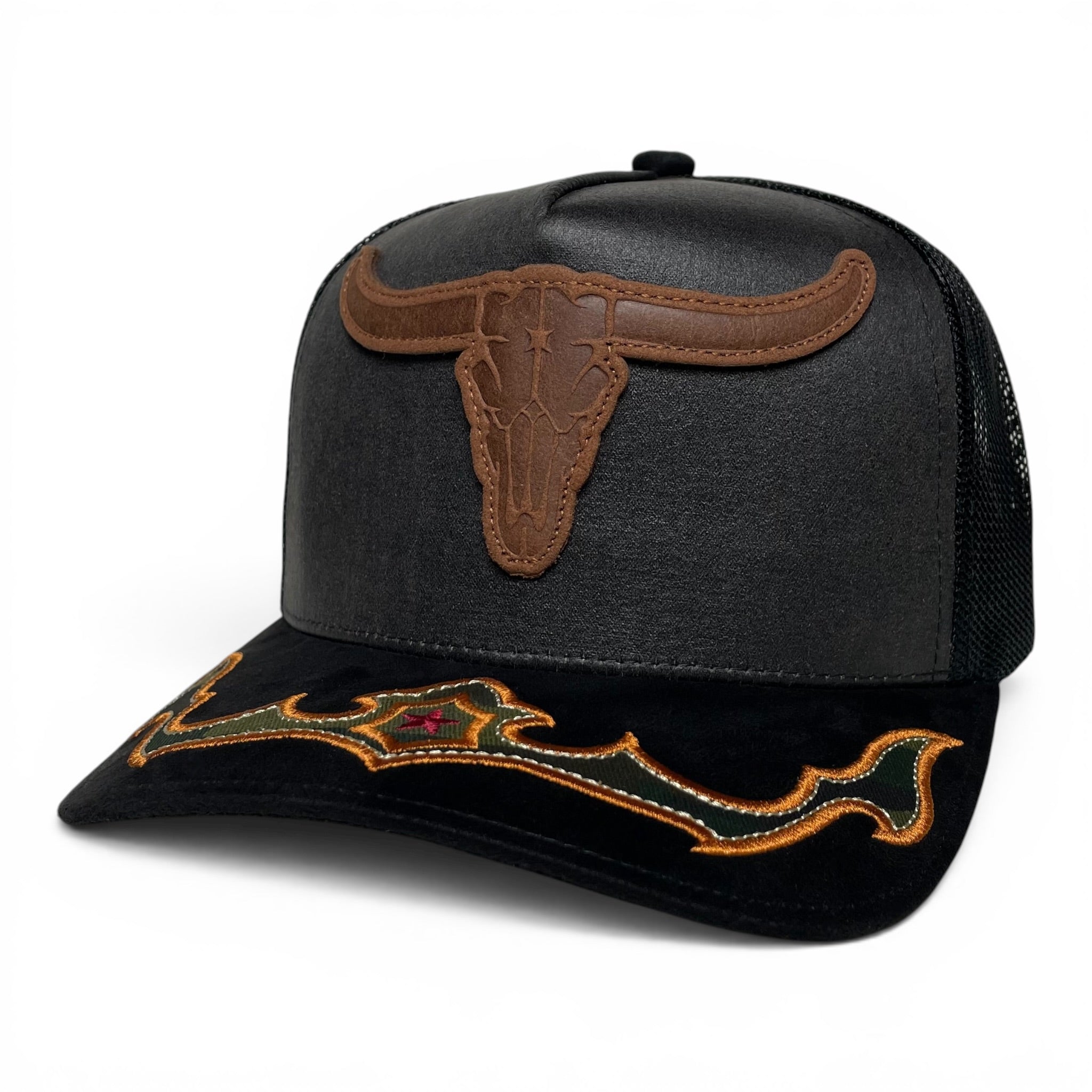 Cowboy Bull Longhorn Rodeo Western Trucker Hat with Suede Brim - Black