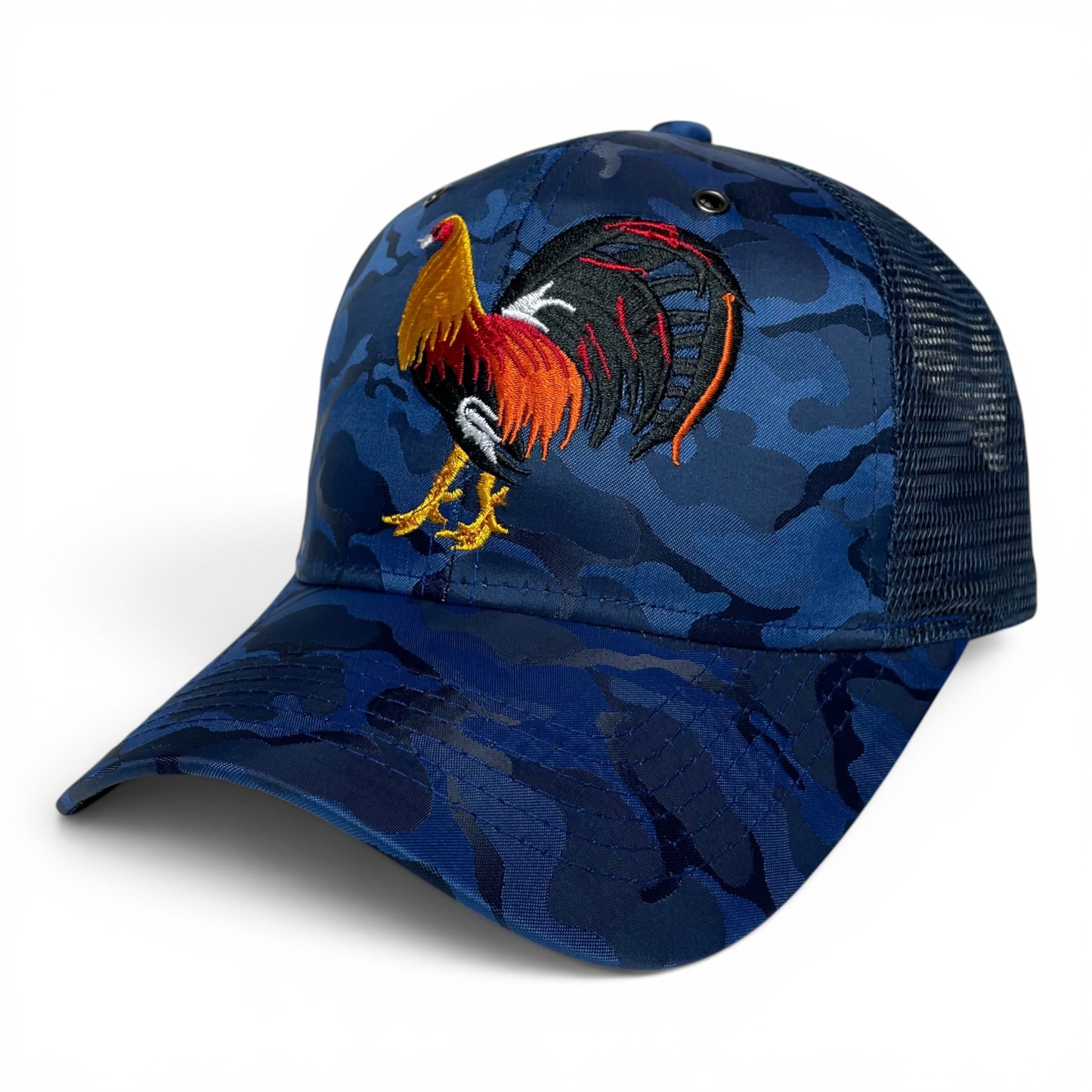 Rooster Embroidered Trucker Snapback Cap Blue Camo Rodeo Style