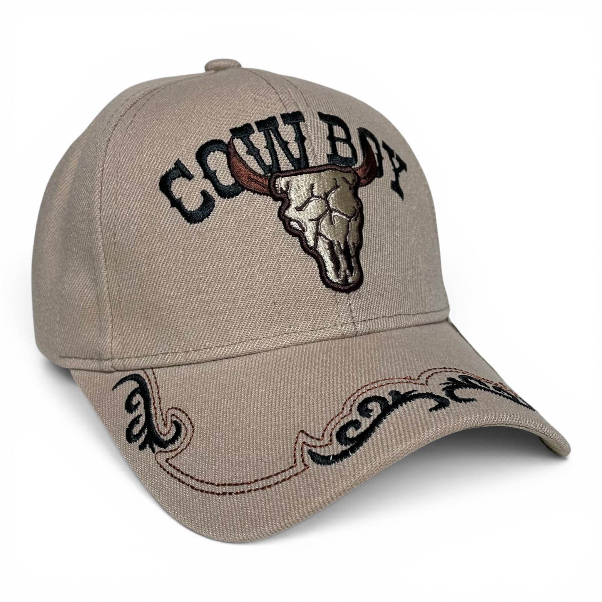 Cowboy & Longhorn Steer Skull Embroidered Baseball Cap – Western Hat, Adjustable