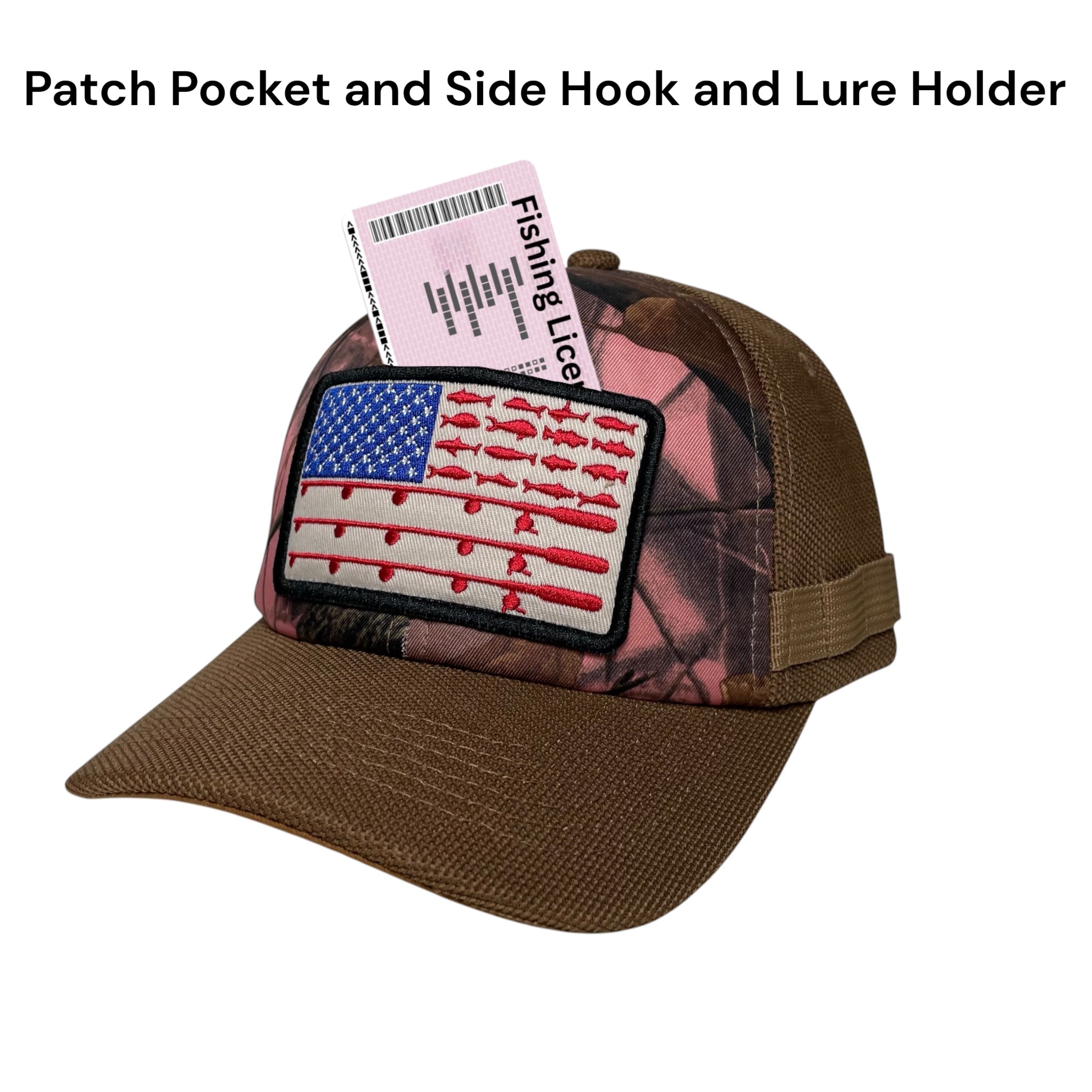Camo Fishing Cap with American Flag Embroidered Pocket Patch | Wholesale Caps