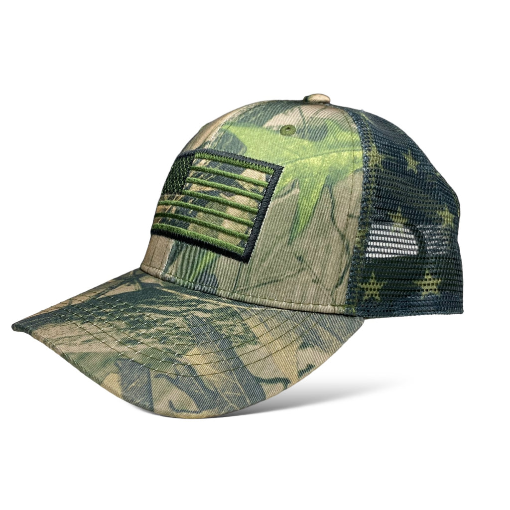 Camo Trucker Hat with USA Flag Embroidery - Tree and Leaf Pattern Cap