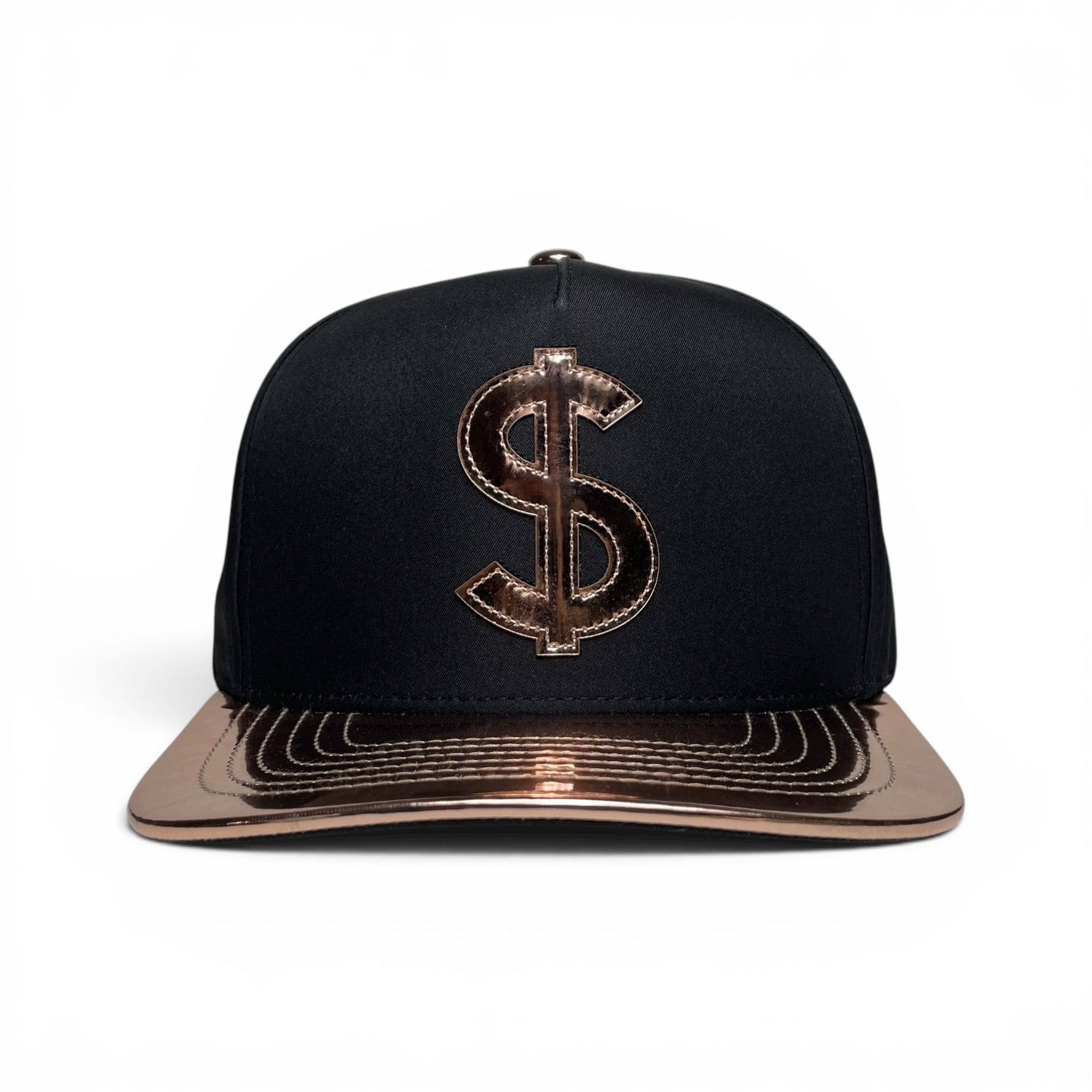 Dollar Sign Snapback Hat, Gold & Black, Vinyl Flat Brim, Money Logo