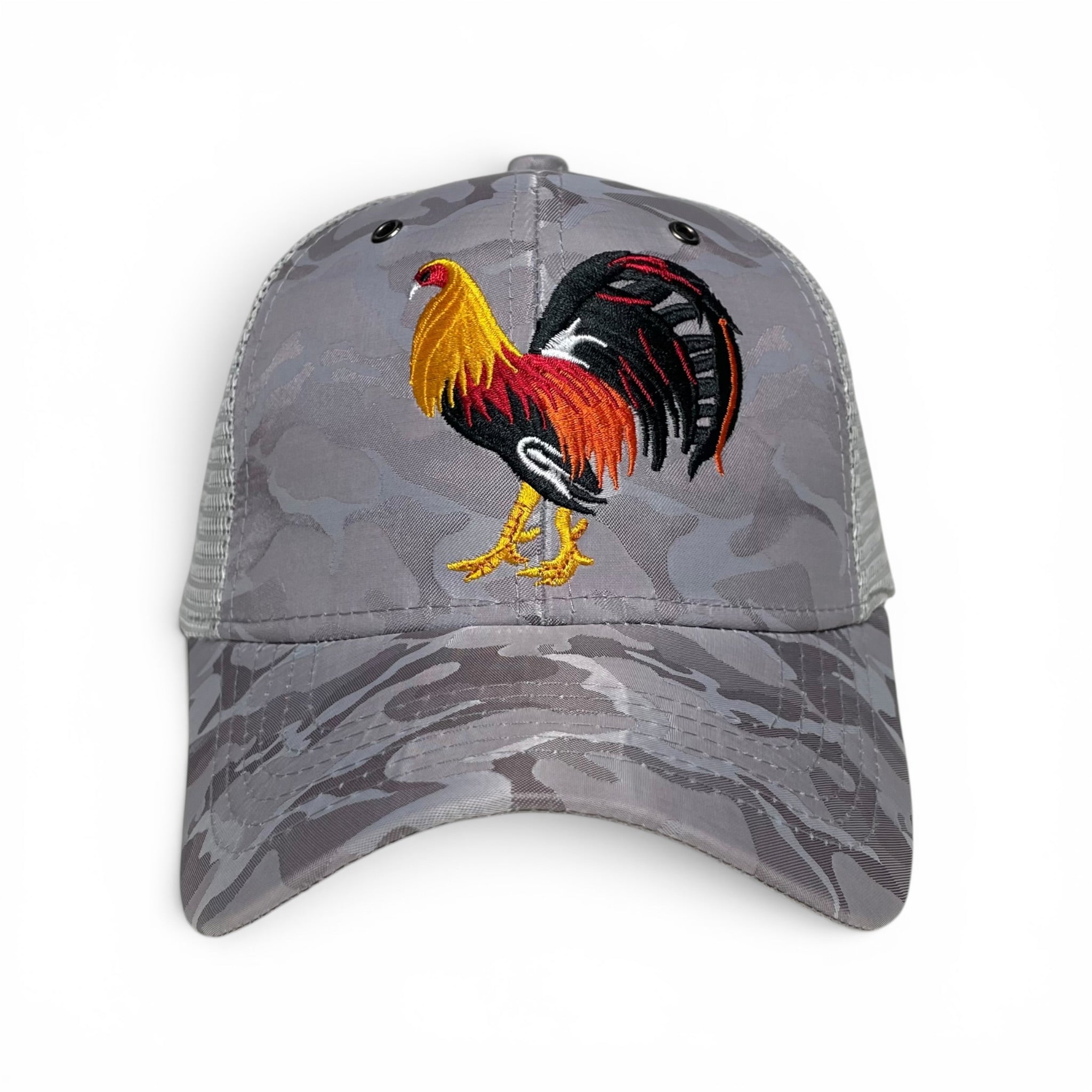 Rooster Embroidered Trucker Snapback Cap Gray Camo Rodeo Style