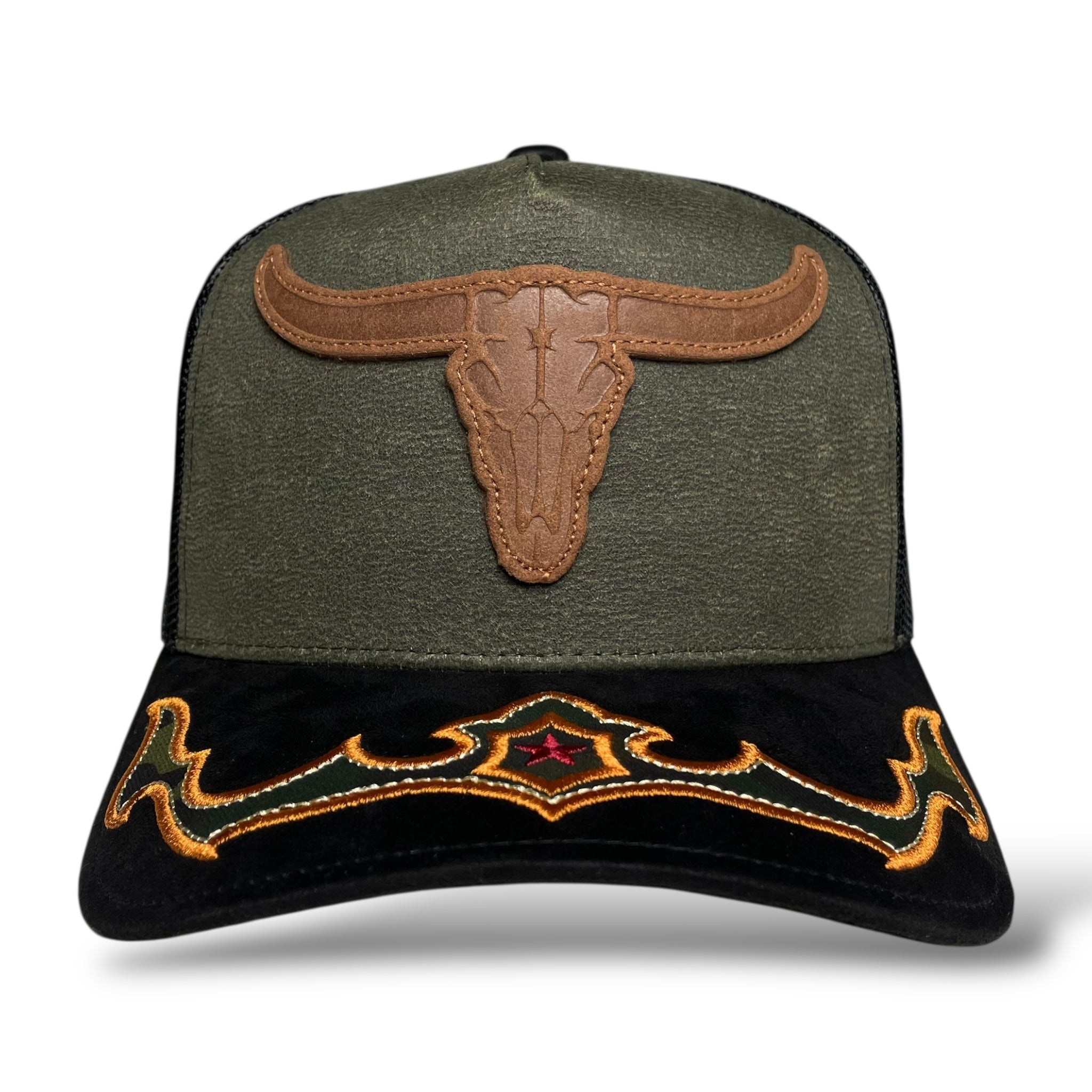 Cowboy Bull Longhorn Rodeo Western Trucker Hat, Suede Brim