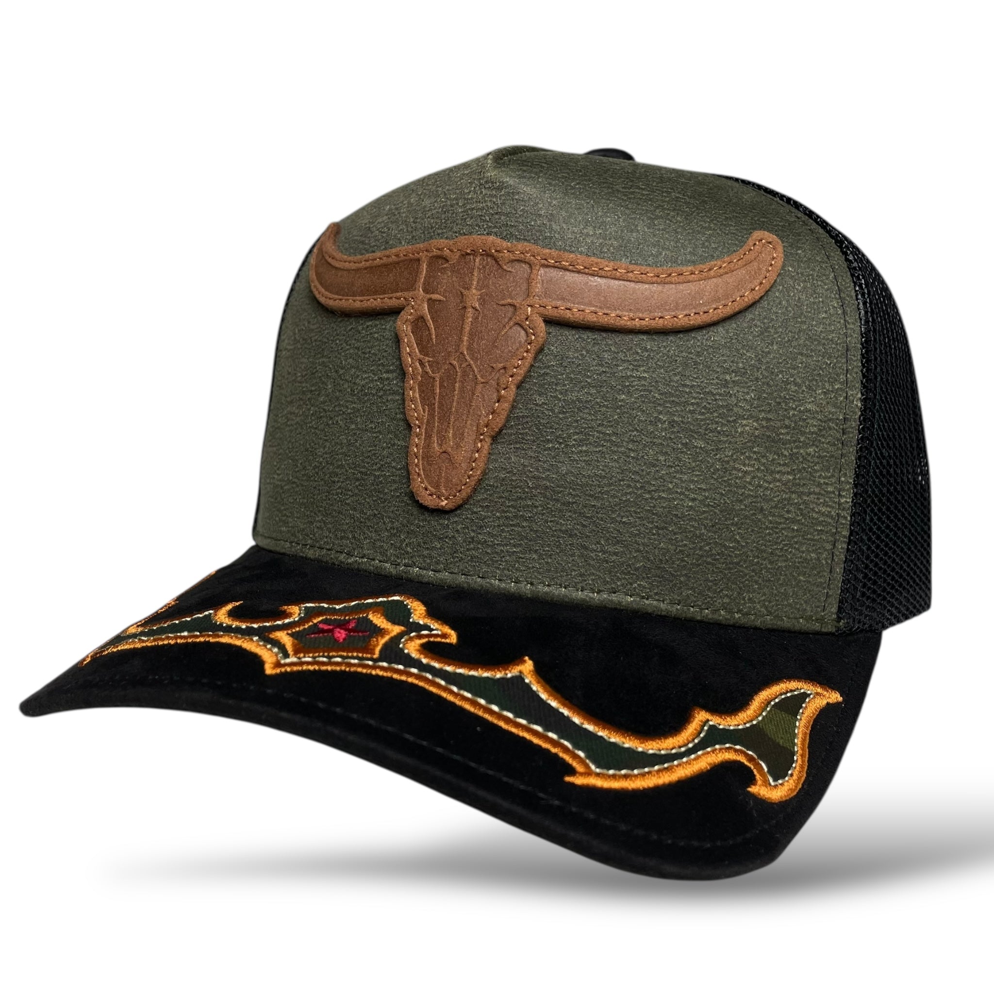 Cowboy Bull Longhorn Rodeo Western Trucker Hat, Suede Brim