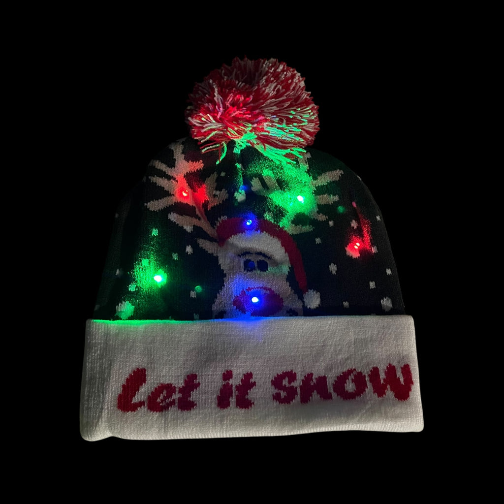 LED Christmas Beanie Knit Hat Light Up Tree Xmas Snowman Knitted Cap Adult Kids