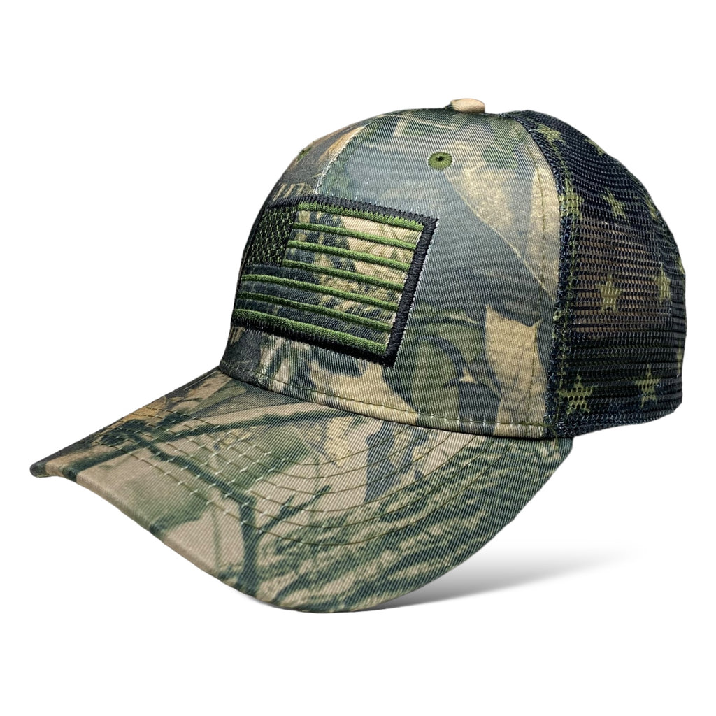 Camouflage Trucker Hat with USA Flag Embroidery - Tree and Leaf Pattern Cap