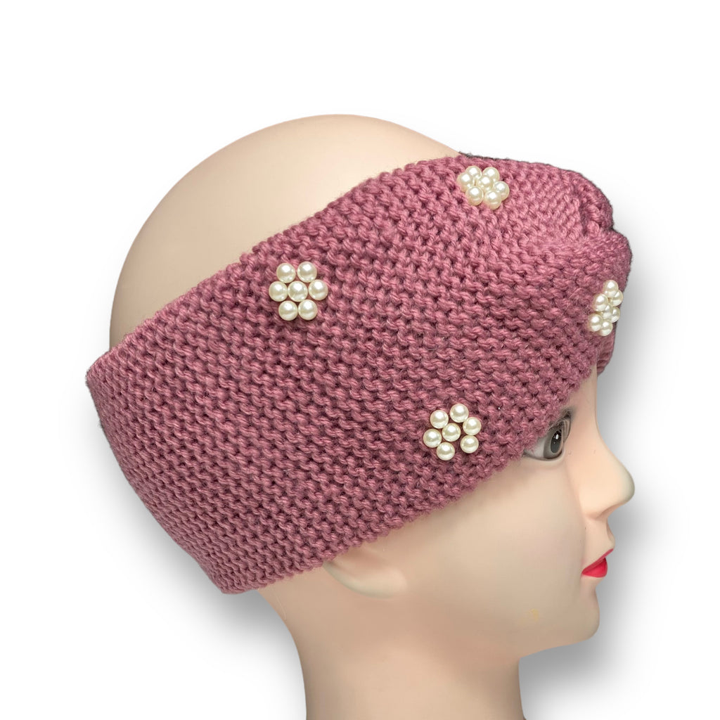 Women's Winter Knitted Headband Pearl Beads Ear Warmer Hairband – Pink