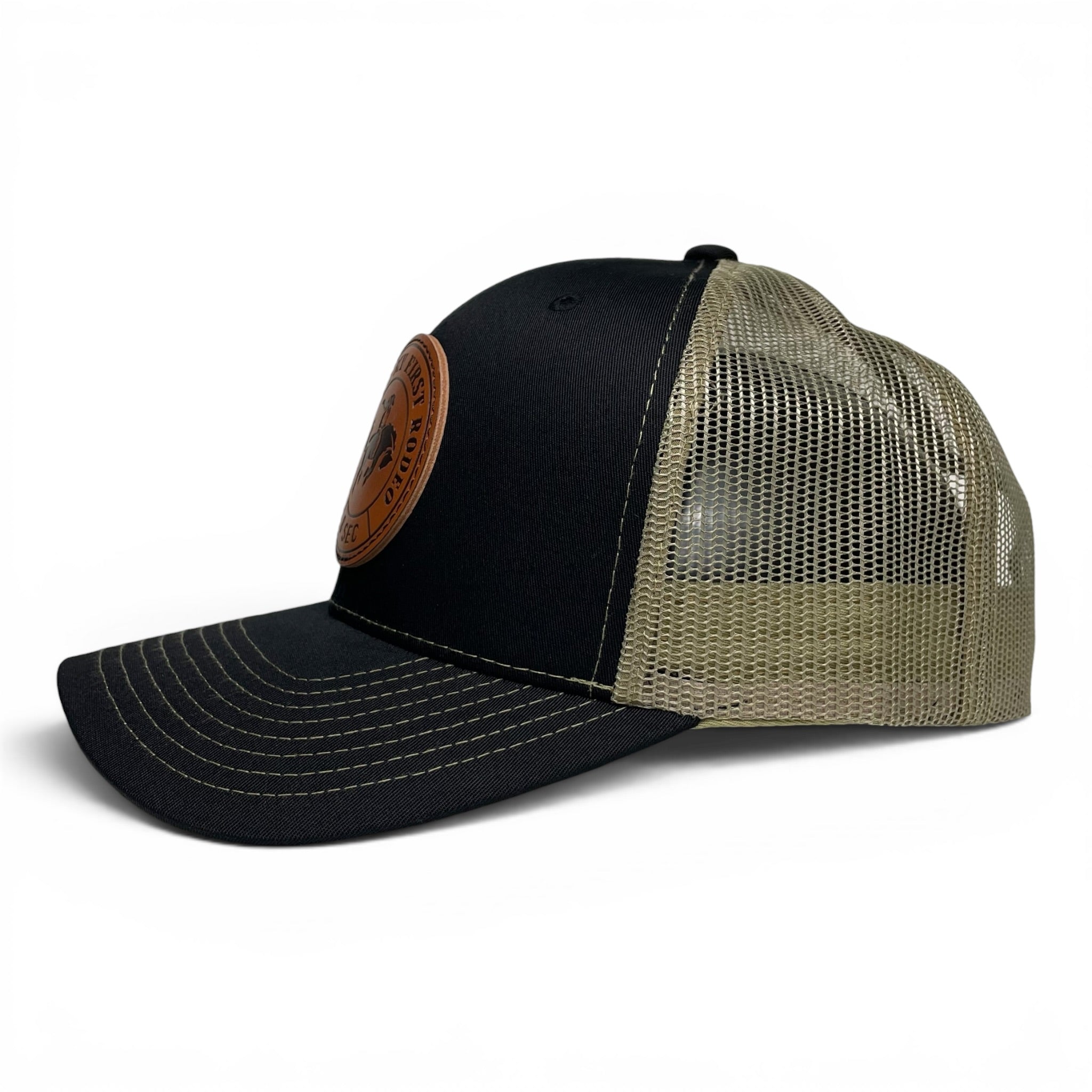Cowboy Horse Rodeo Leather Patch Trucker Hat, Black