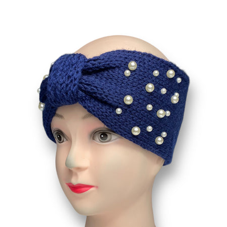 Navy women's knitted winter ear warmer headband with pearl beads, perfect for adding warmth and style to your cold weather look.