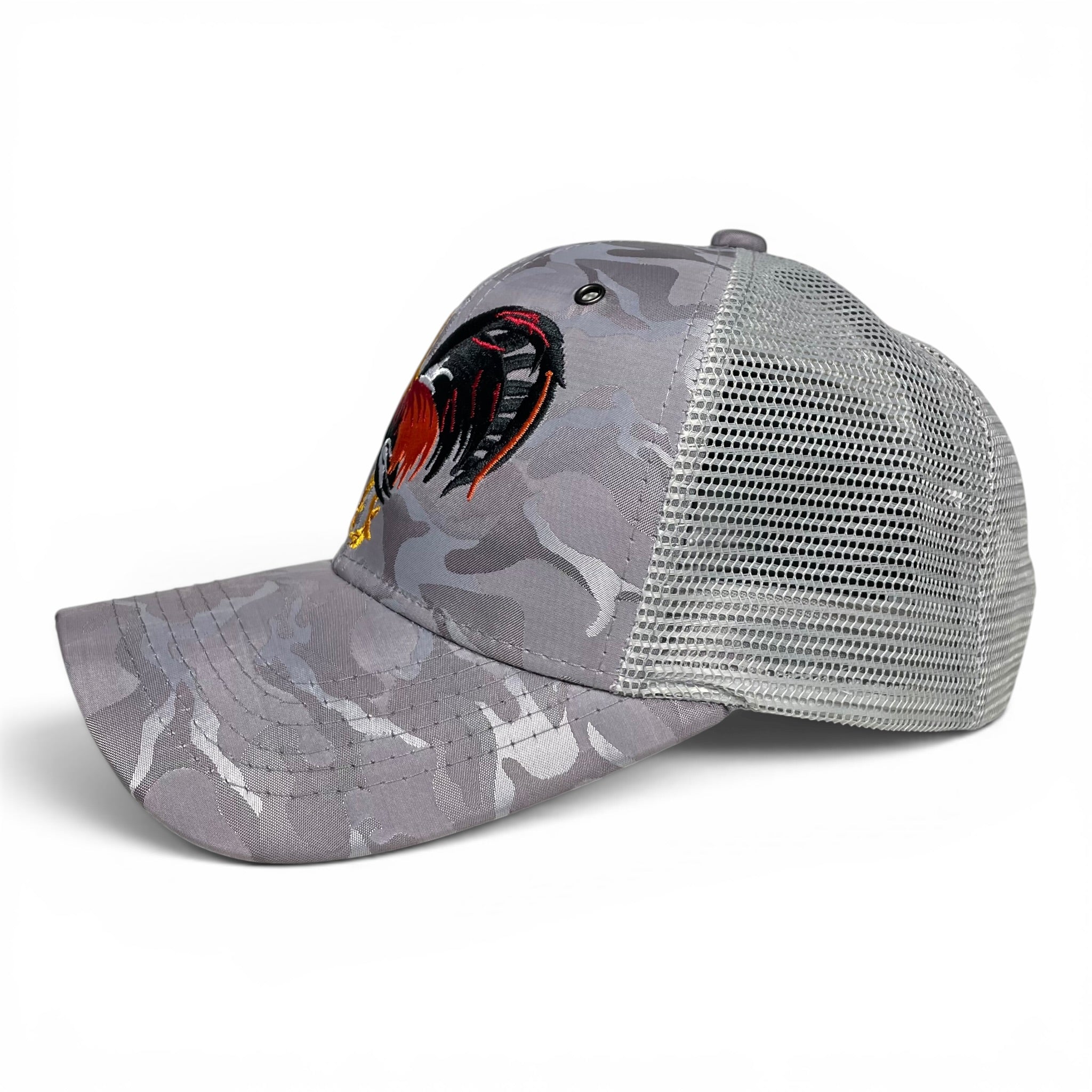 Rooster Embroidered Trucker Snapback Cap Gray Camo Rodeo Style