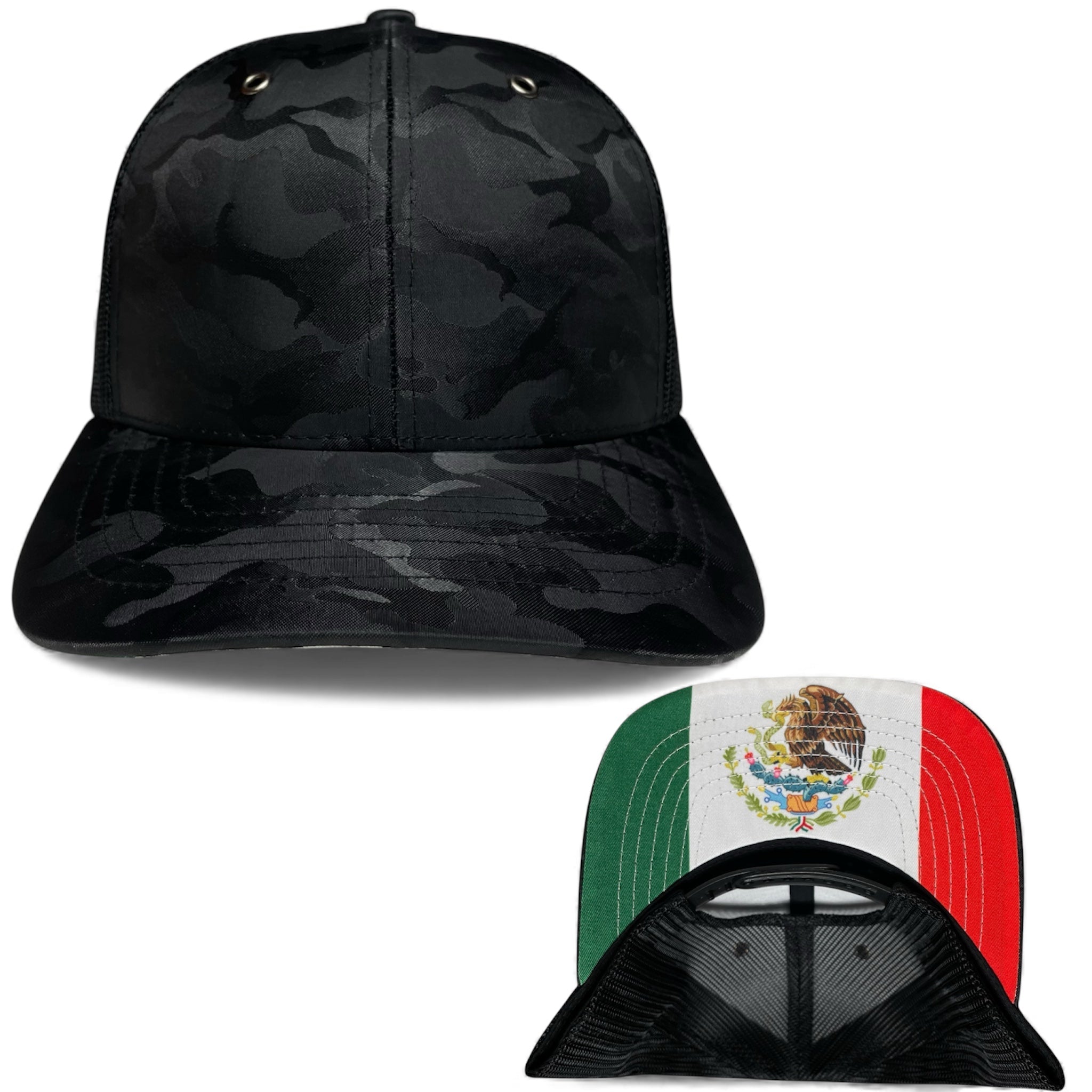Blank Camo Trucker Hat with Mexico Flag Under Visor