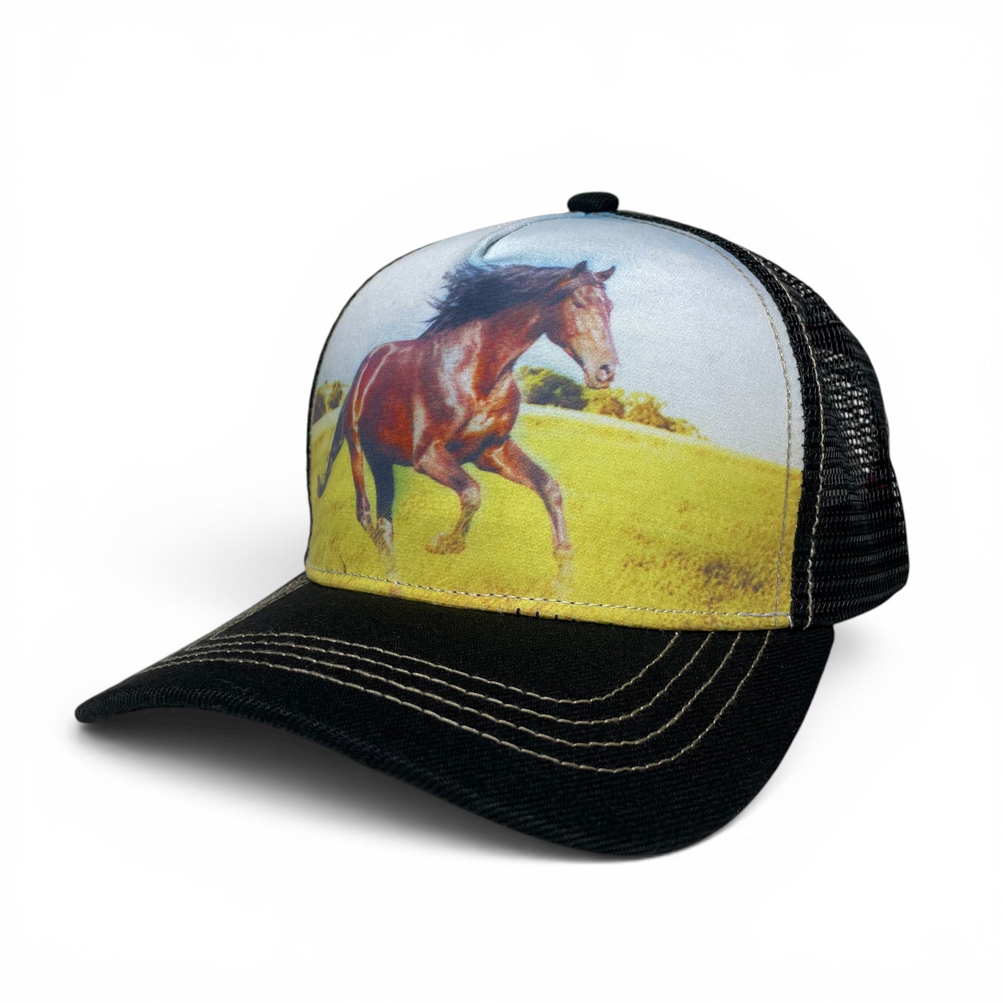 Gorra Caballo Bronco Galopando, Negra, Ajustable, Estilo Ranchero