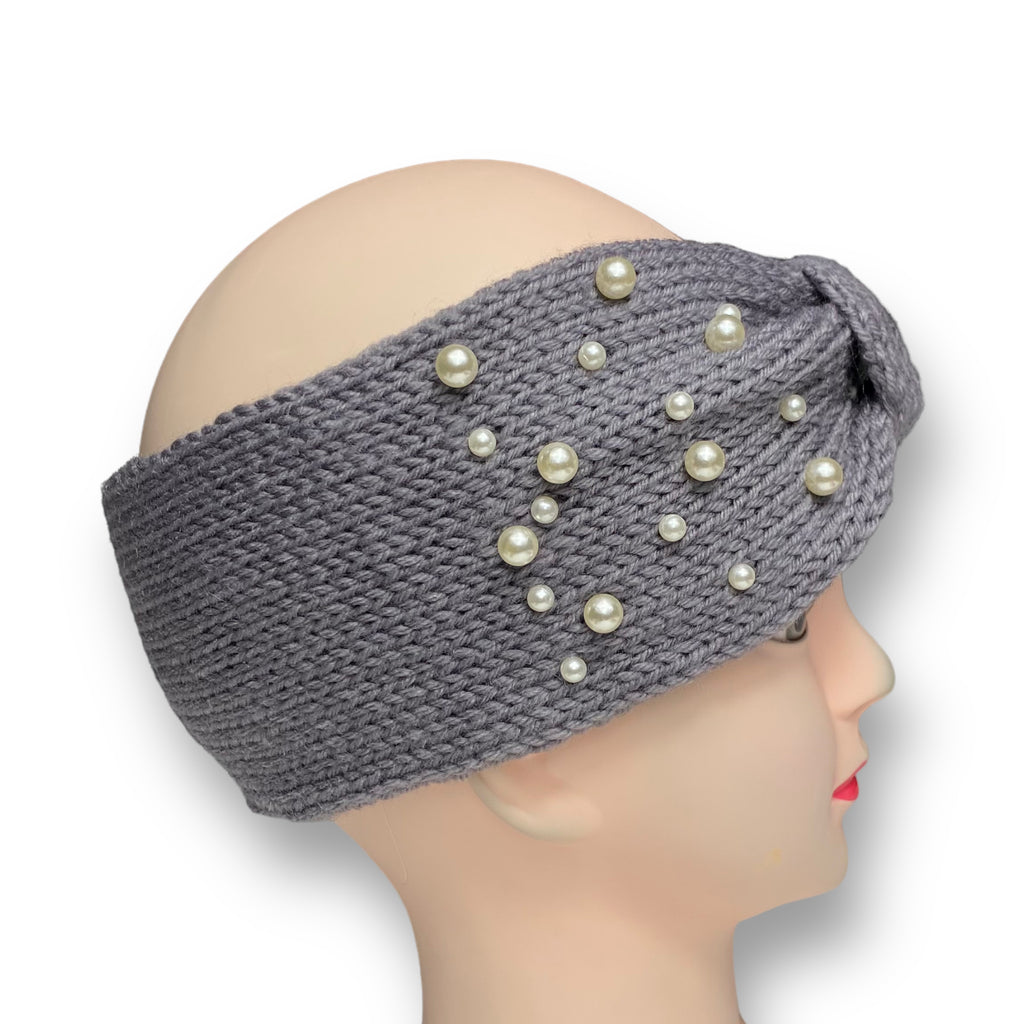 Women's Winter Knitted Ear Warmer Headband with Pearl Beads – Gray