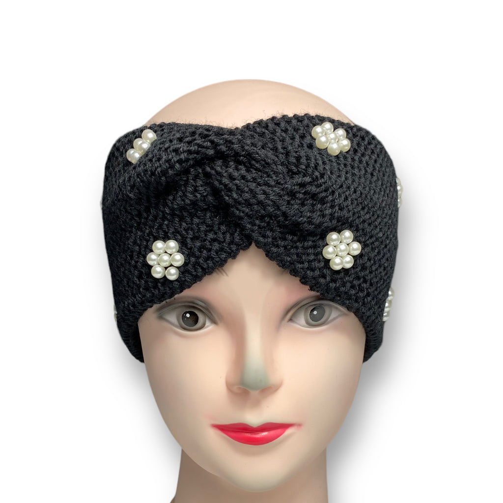 Women's Winter Knitted Headband Pearl Beads Ear Warmer Hairband – Black