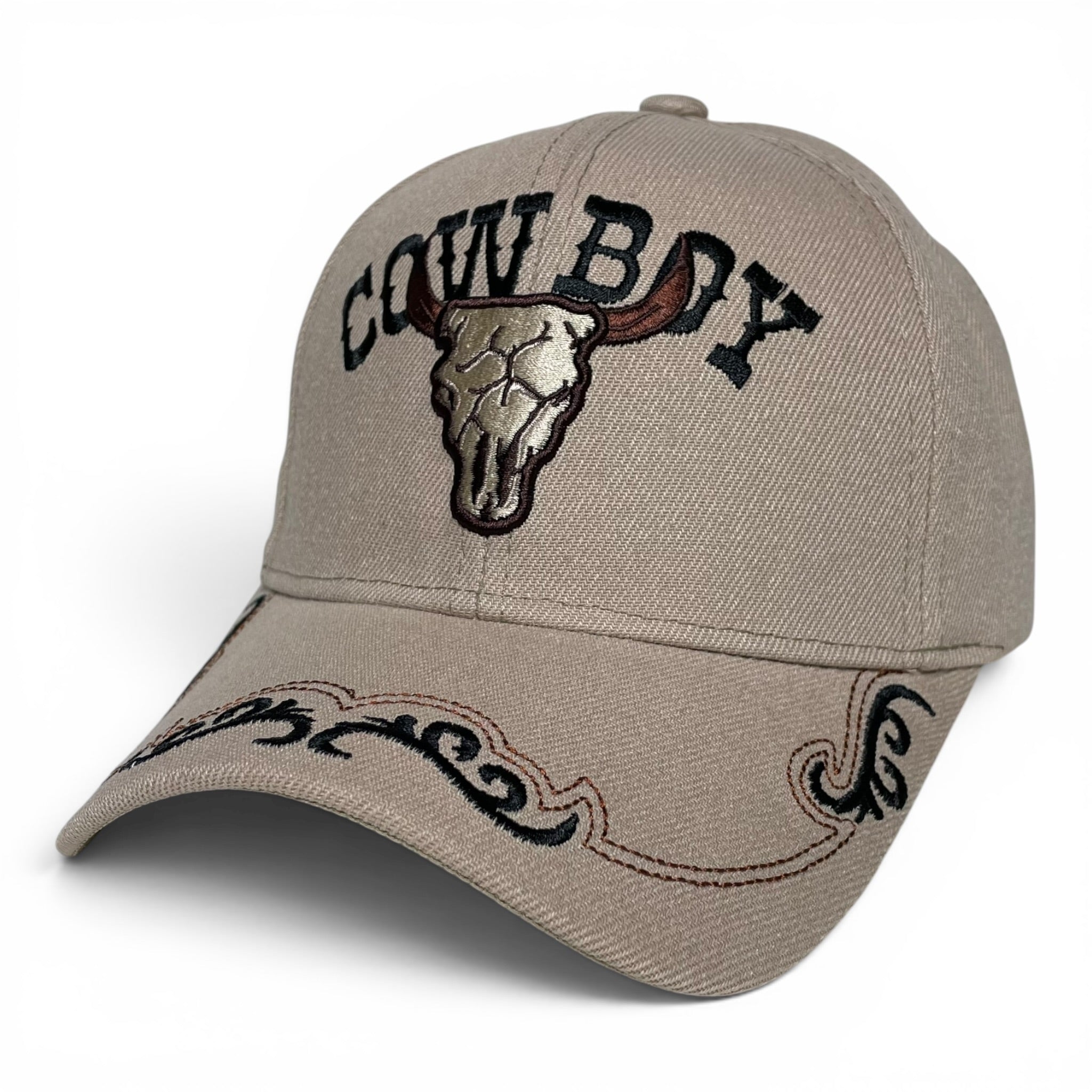 Cowboy & Longhorn Steer Skull Embroidered Baseball Cap – Western Hat, Adjustable