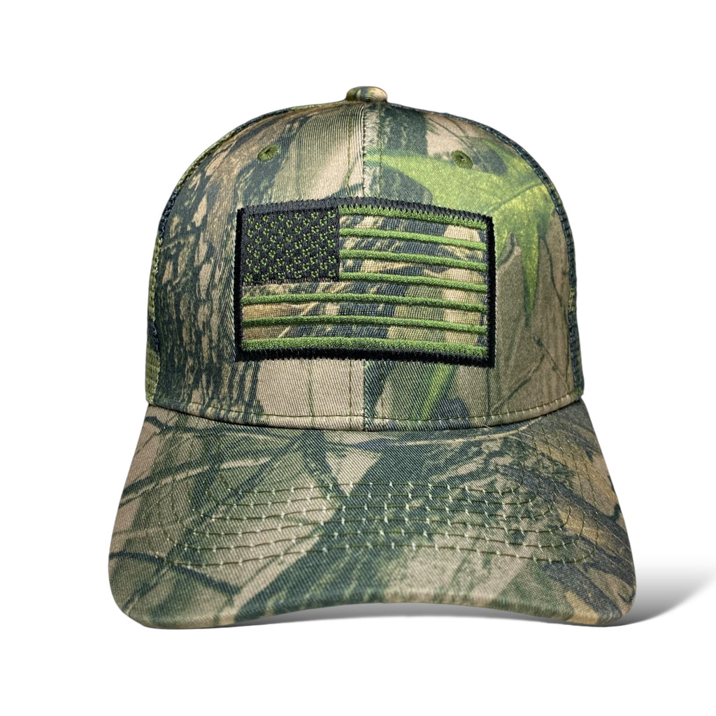 Camo Trucker Hat with USA Flag Embroidery - Tree and Leaf Pattern Cap