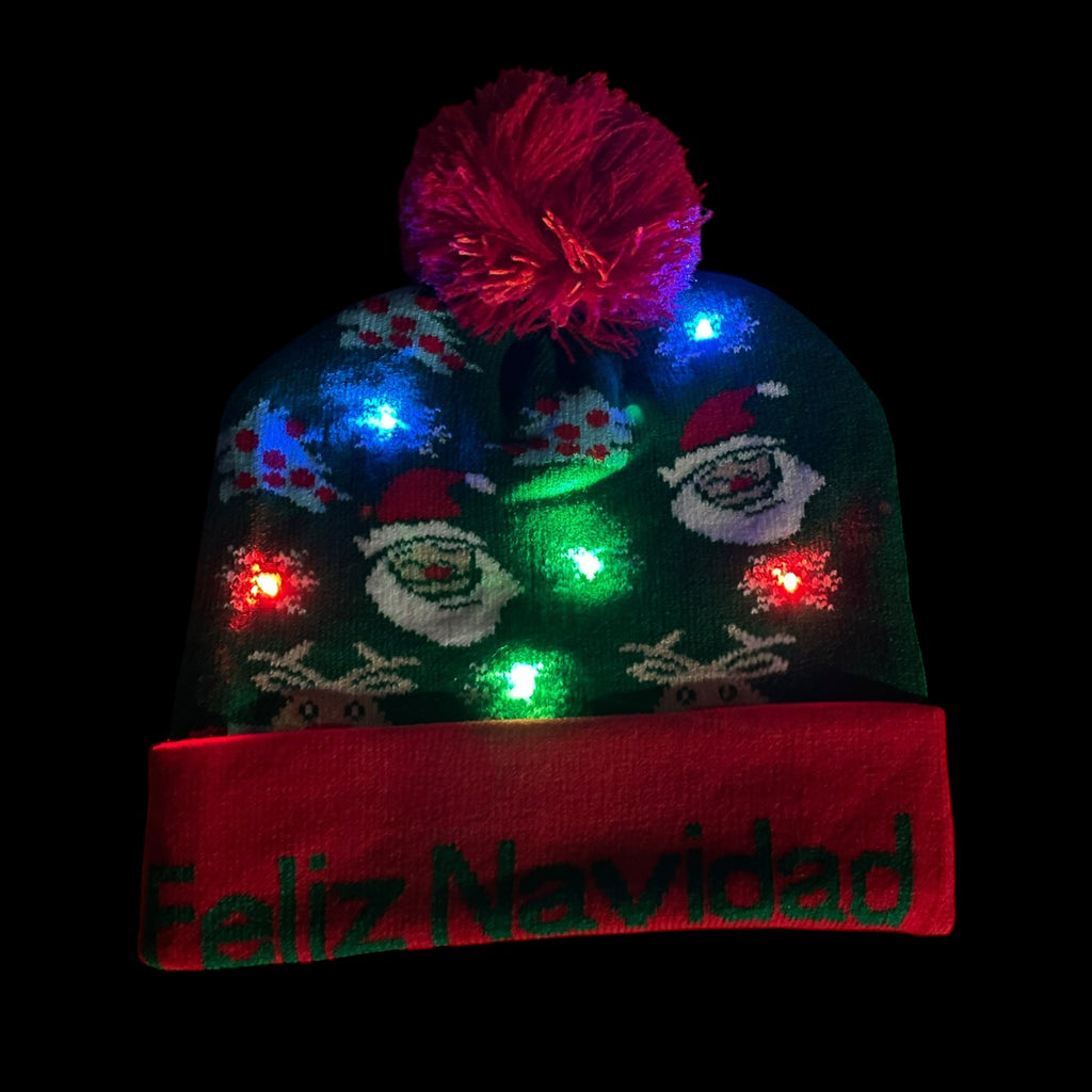 LED Christmas Beanie Knit Hat Light Up Tree Xmas Snowman Knitted Cap Adult Kids