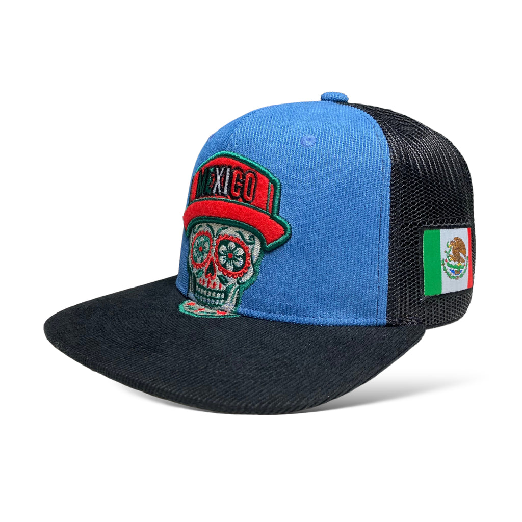 Traditional Mexican Skull Embroidered Flat Brim Corduroy Snapback Cap