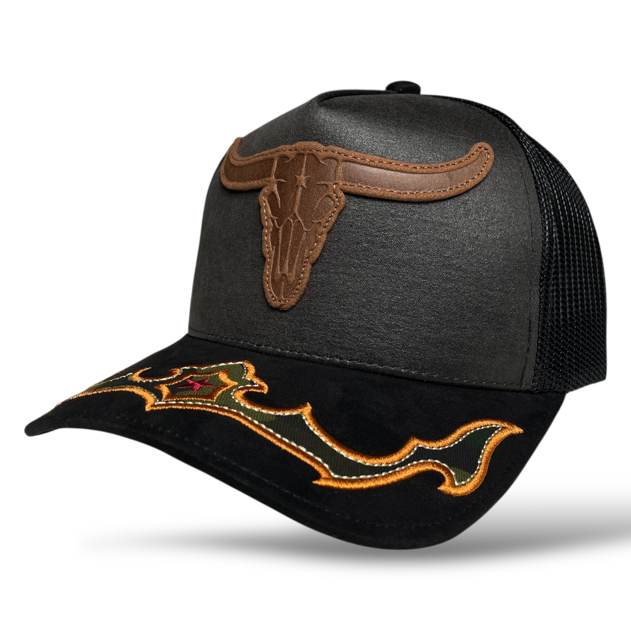Cowboy Bull Longhorn Rodeo Western Trucker Hat with Suede Brim - Black