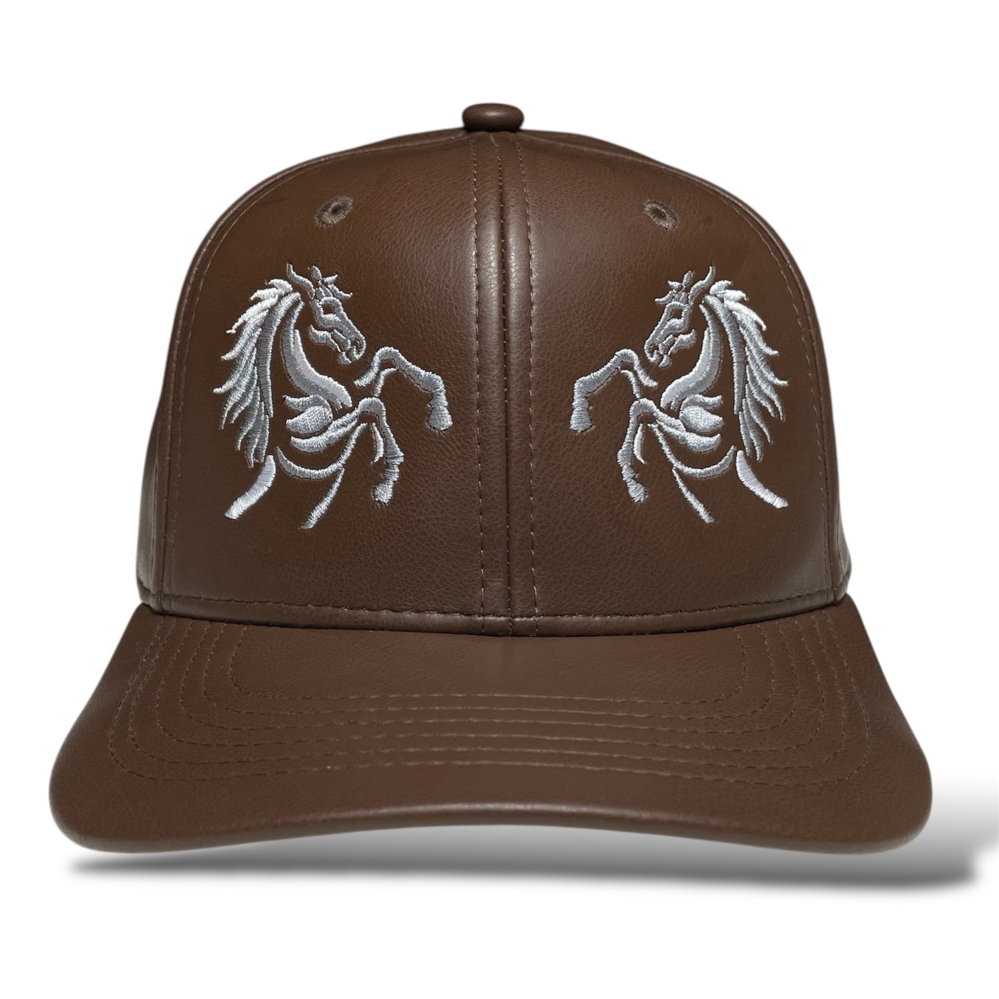Gorra Western Cowboy Snapback Café de Cuero PU, Doble Caballo Stallion Bordado