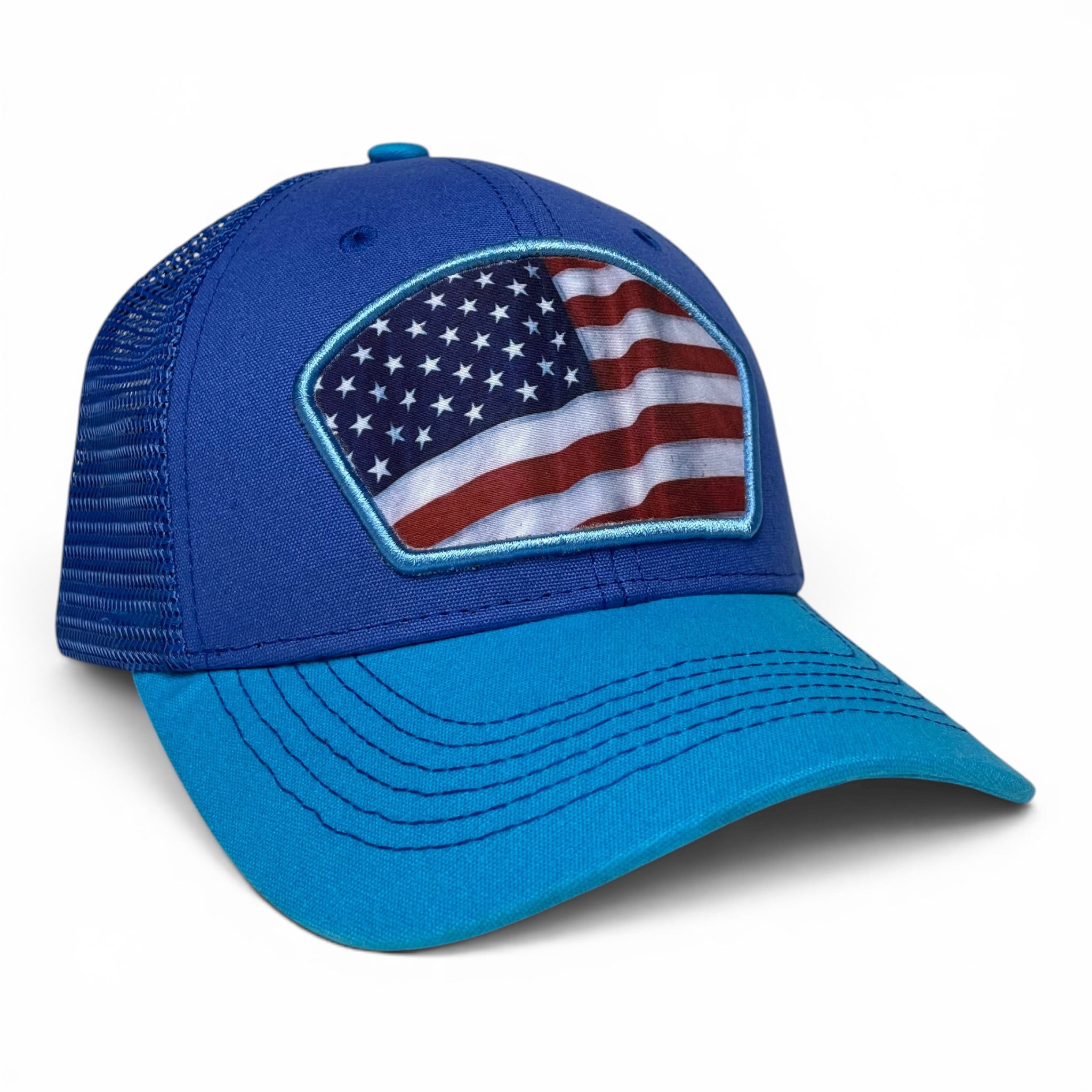 American Flag Trucker Snapback Cap – Blue, curved brim, Unisex