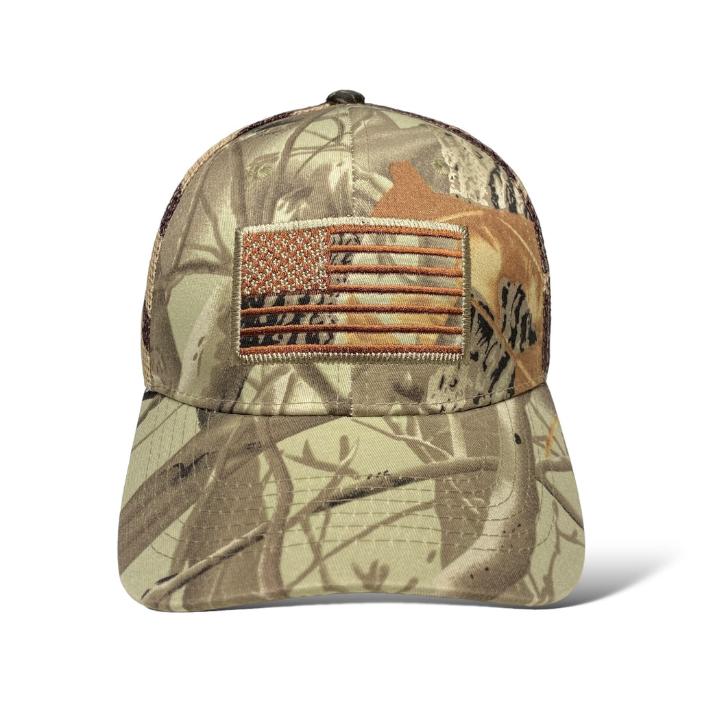 Trucker Hat with Camouflage Pattern, Embroidered USA Flag, Tree & Leaf Design