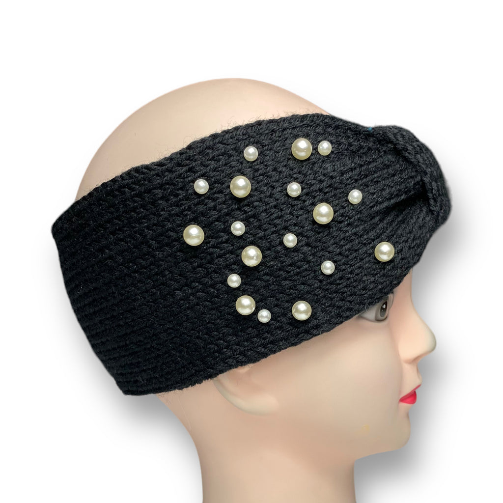 Women's Winter Knitted Ear Warmer Headband with Pearl Beads – Black