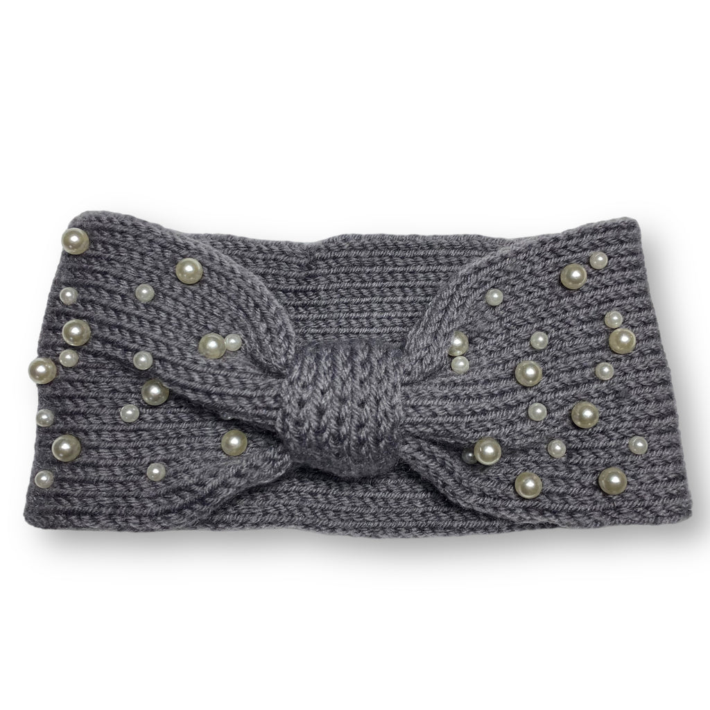 Women's Winter Knitted Ear Warmer Headband with Pearl Beads – Gray