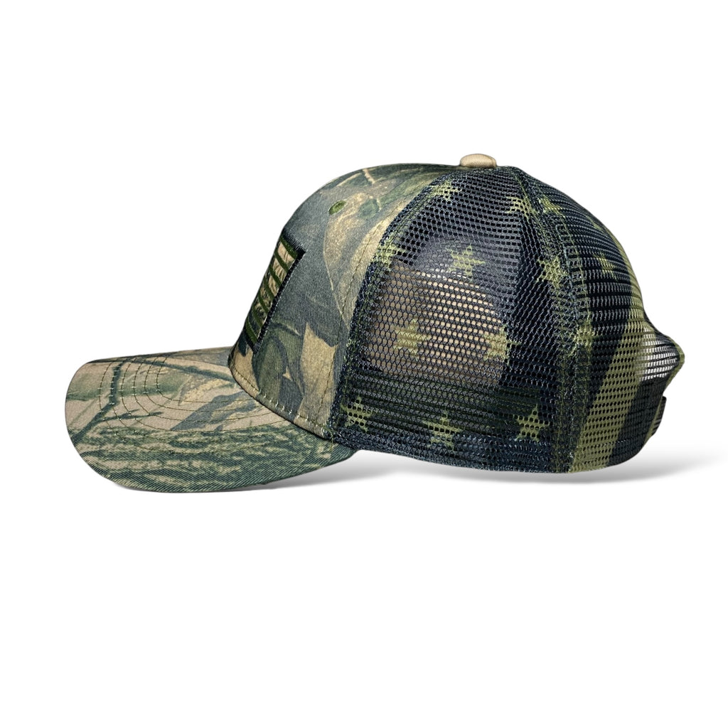 Camouflage Trucker Hat with USA Flag Embroidery - Tree and Leaf Pattern Cap