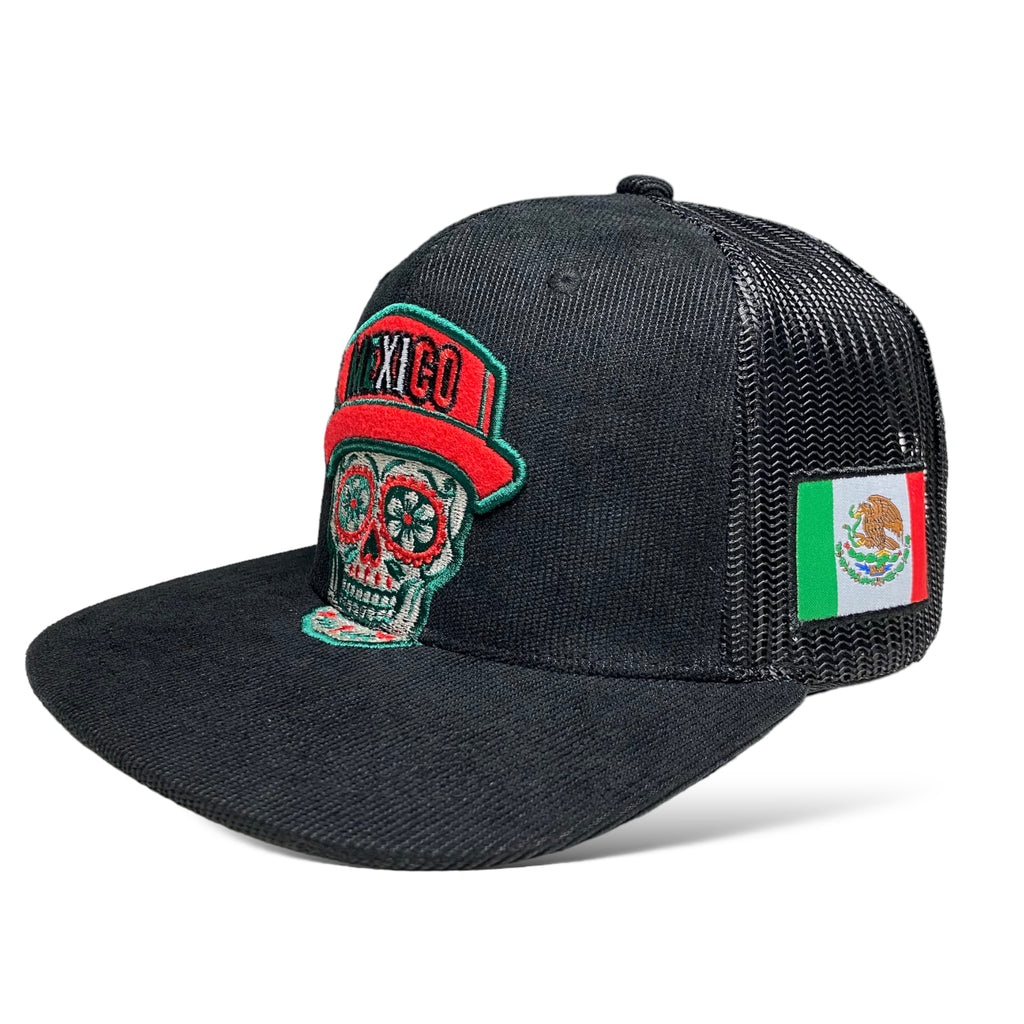 Traditional Mexican Skull Embroidered Flat Brim Corduroy Snapback Cap