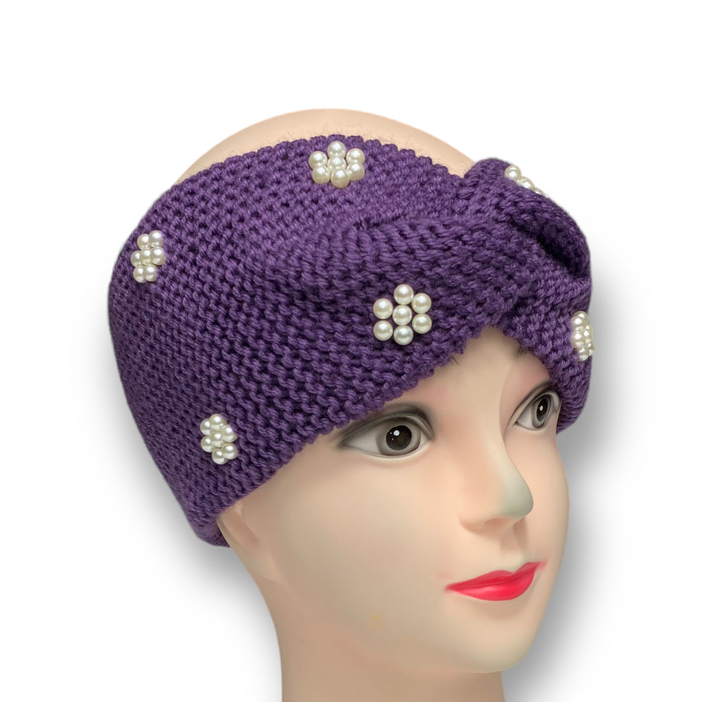 Women's Winter Knitted Pearls Ear Warmer Headband Hairband -Purple