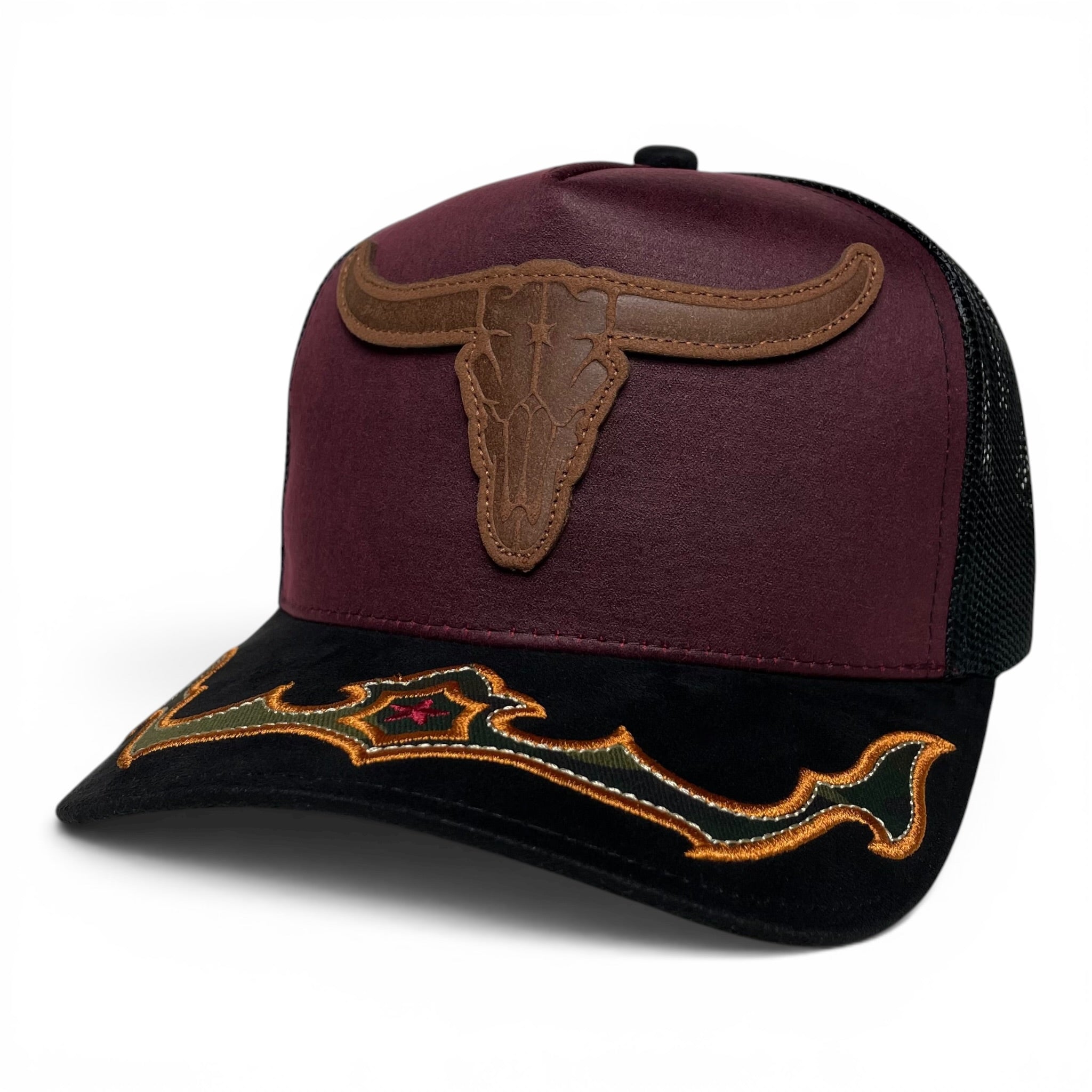 Western Long Horn Oil Leather Trucker Snapback Hat with Suede Visor