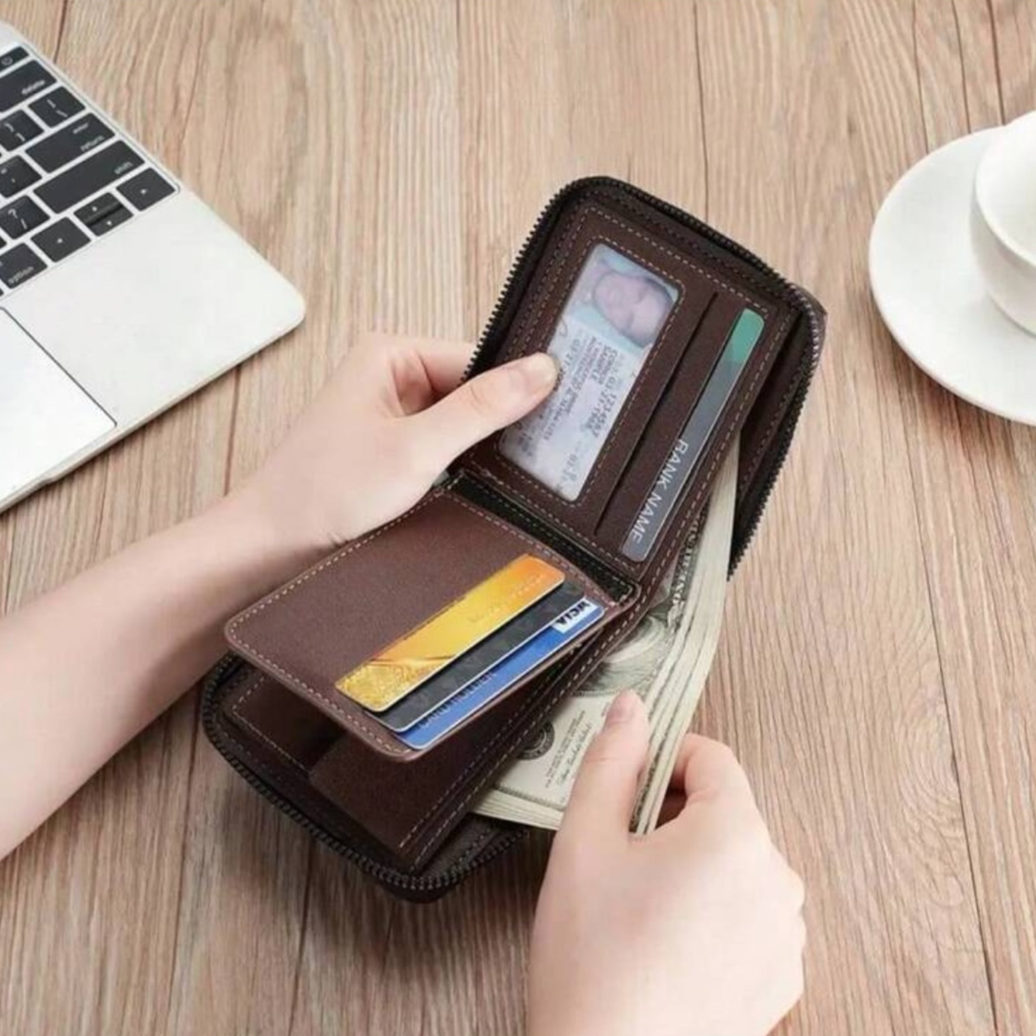 Carrken Style Leather Men's Brown Bifold Zipped Around wallet