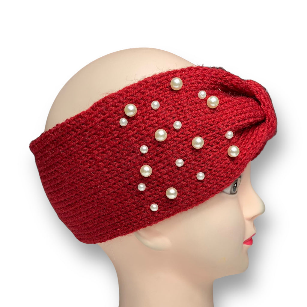 Women's Winter Knitted Ear Warmer Headband with Faux Pearl Beads – Red