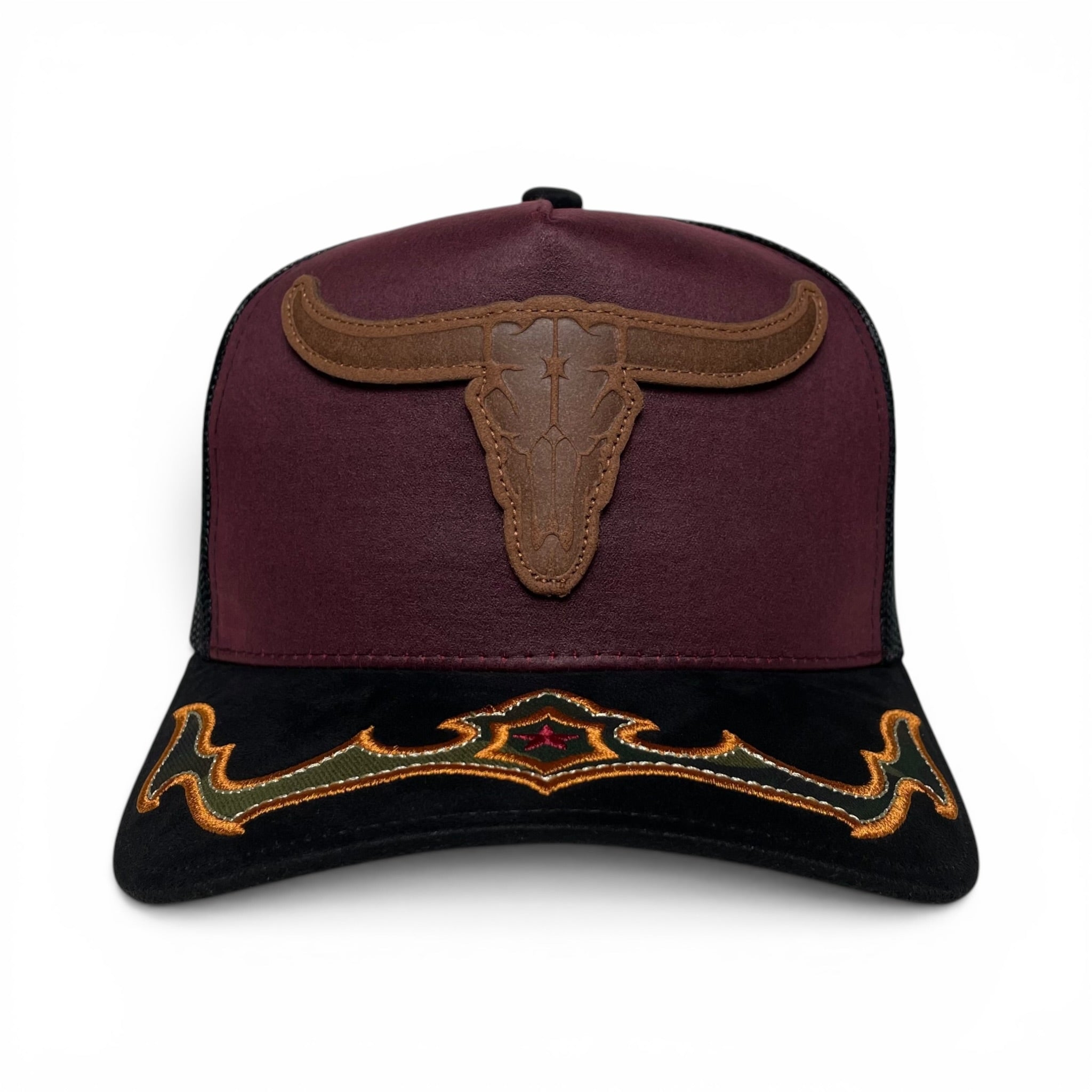 Western Long Horn Oil Leather Trucker Snapback Hat with Suede Visor