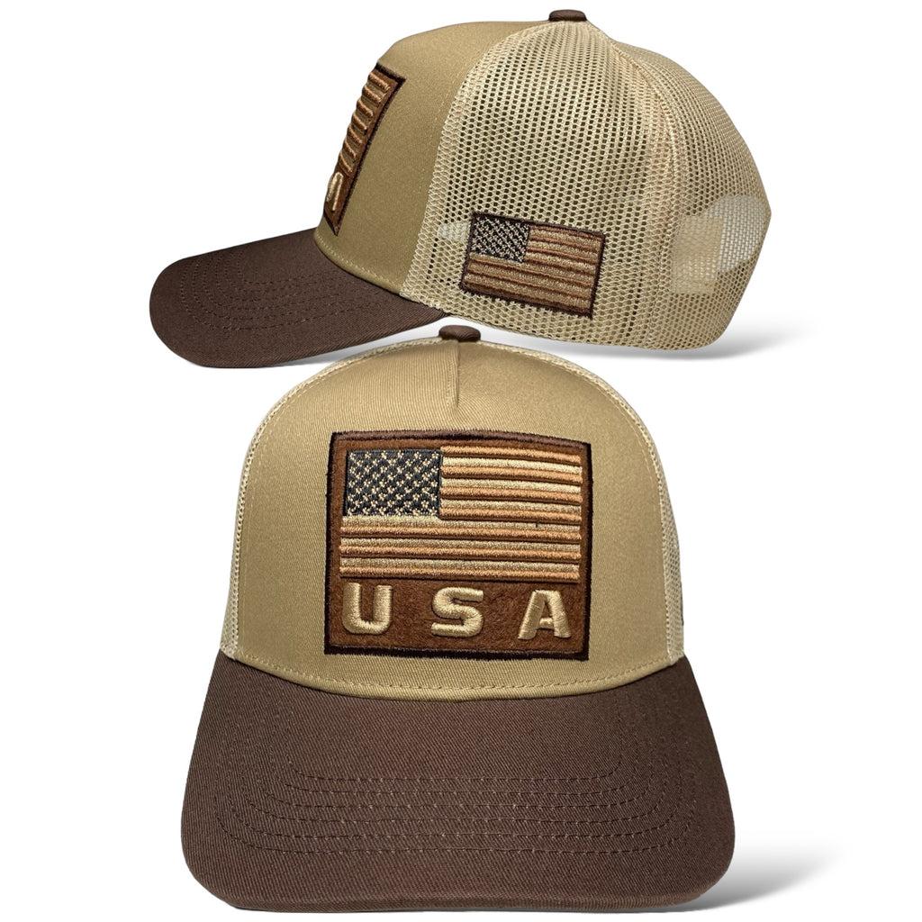 Wholesale Tan and Brown Trucker Hat with Embroidered USA Flag Patch