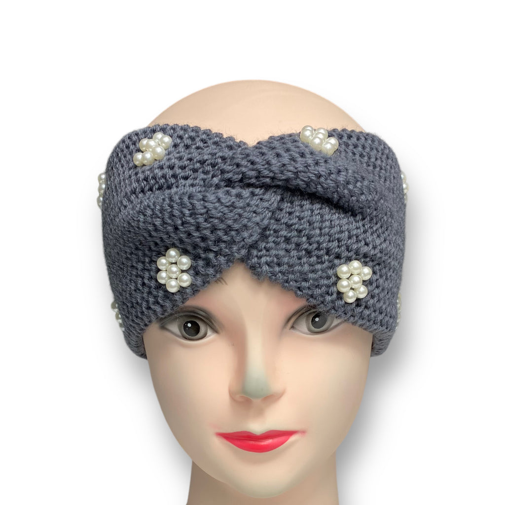 Women Crochet Knitted Turban Headband Pearl Bead Hairband Ear Warmer