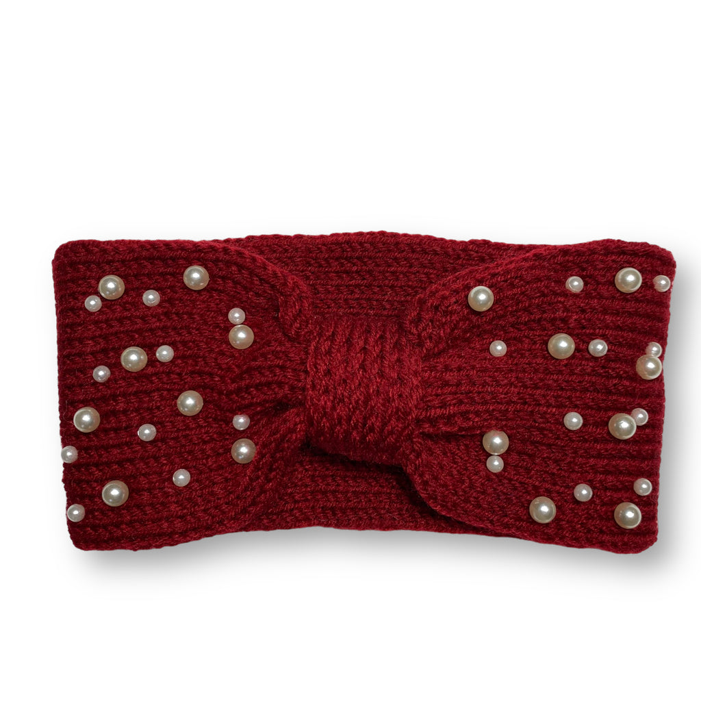 Women's Winter Knitted Ear Warmer Headband with Faux Pearl Beads – Red