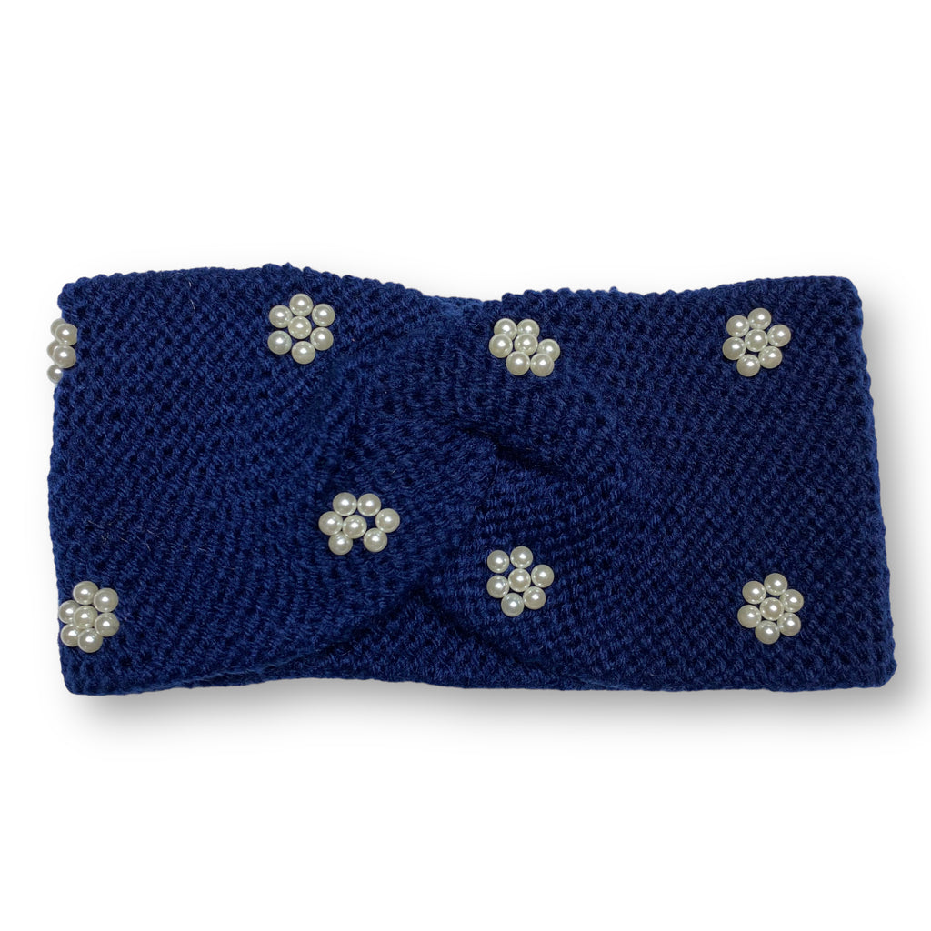 Women's Winter Knitted Headband Pearl Beads Ear Warmer Hairband – Navy