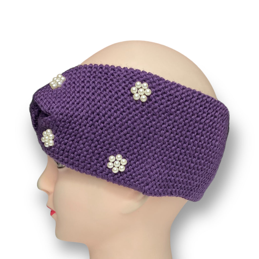 Women's Winter Knitted Pearls Ear Warmer Headband Hairband -Purple