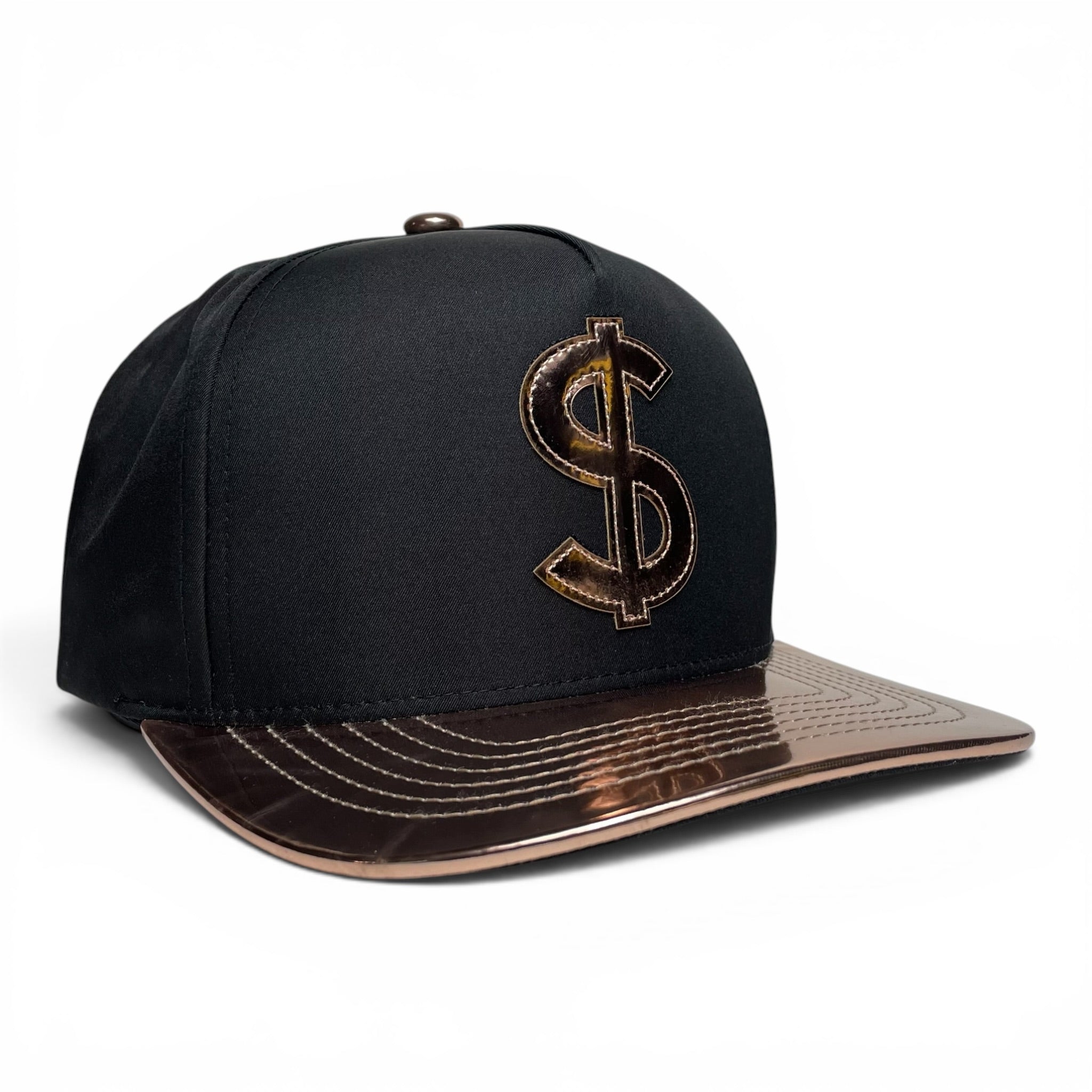 Dollar Sign Snapback Hat, Gold & Black, Vinyl Flat Brim, Money Logo