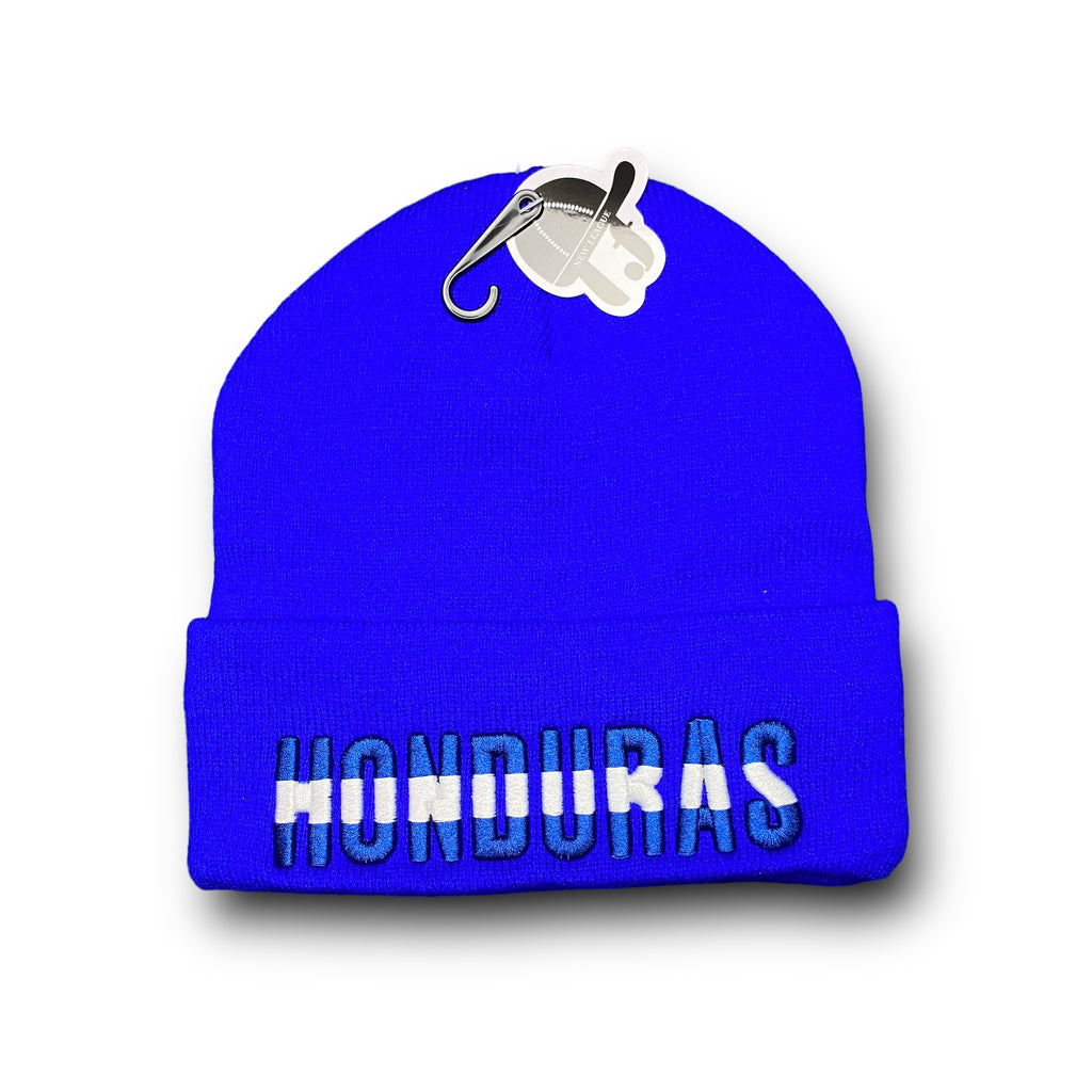 Blue Honduras beanie hat with front embroidery and a flag design on the back, made for winter warmth