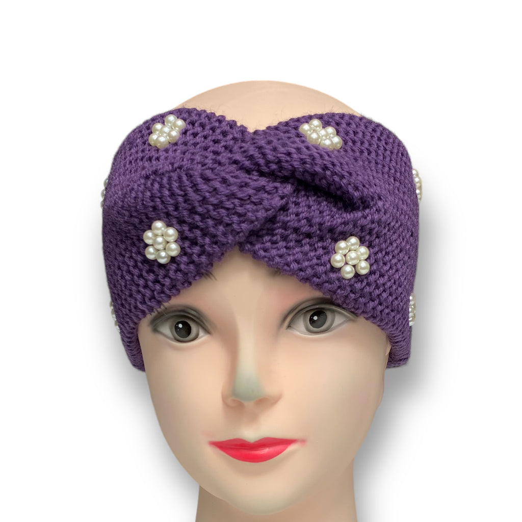 Women's Winter Knitted Pearls Ear Warmer Headband Hairband -Purple