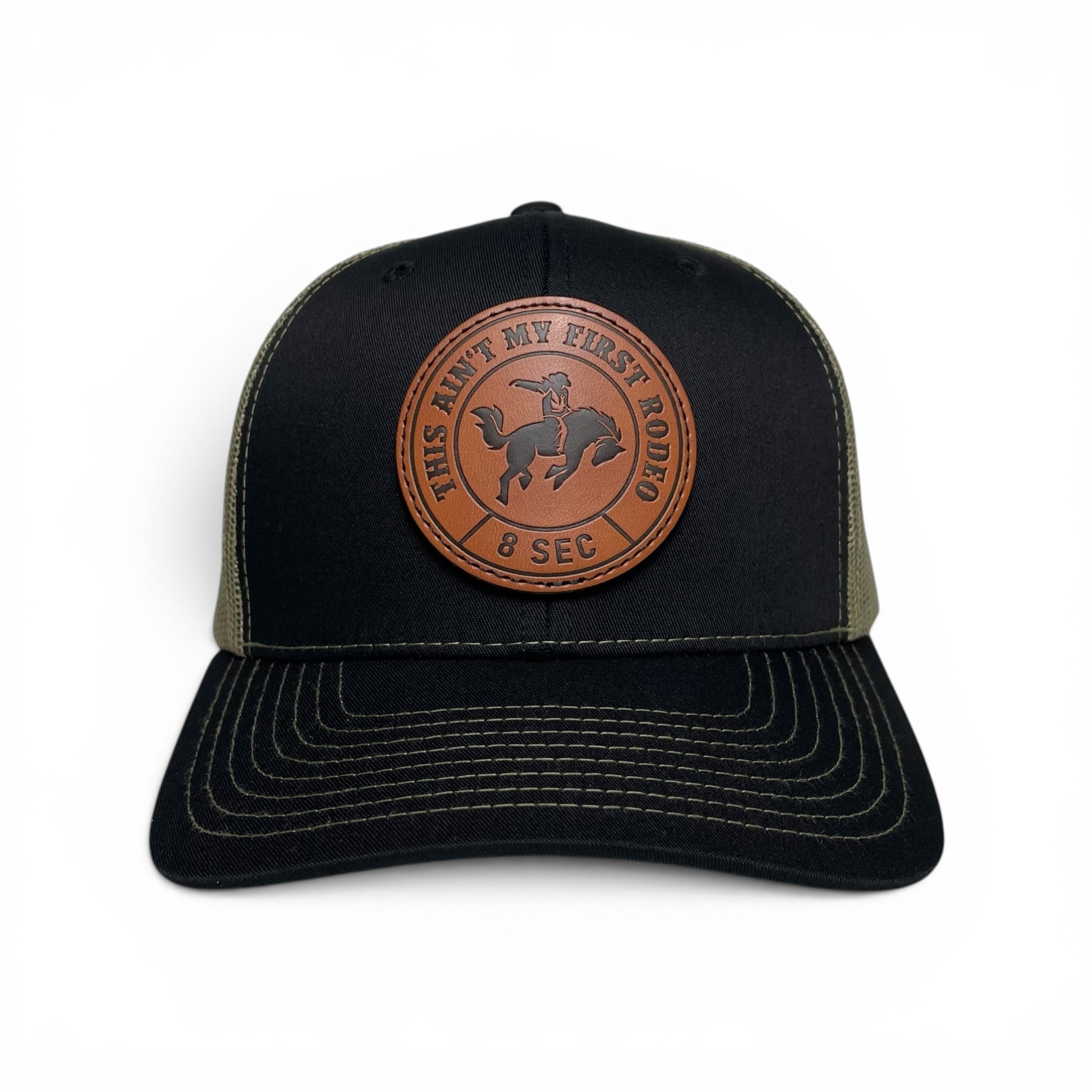 Cowboy Horse Rodeo Leather Patch Trucker Hat, Black